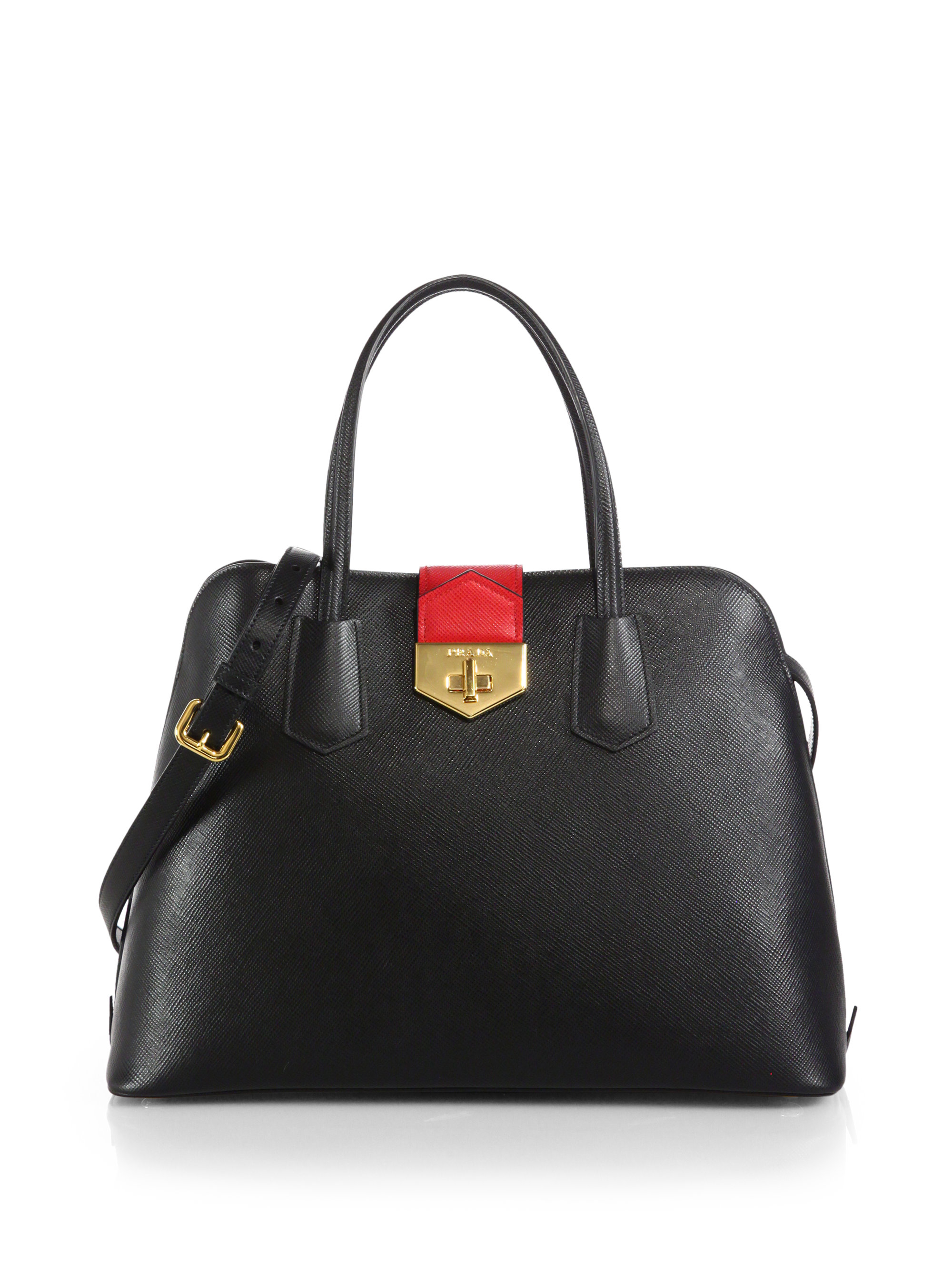 Prada Saffiano Cuir Promenade Bag in Red (BLACK-RED) | Lyst