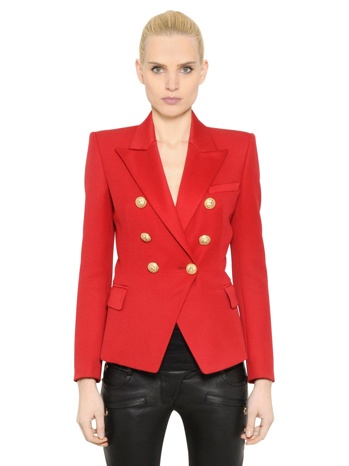 Balmain Double Breasted Wool Twill Jacket in Red - Lyst