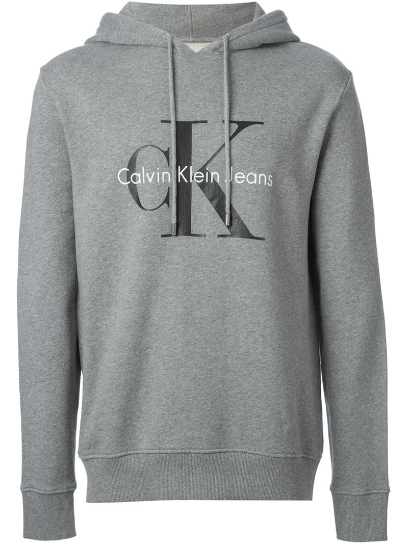 Calvin Klein Logo Print Hoodie in Gray for Men | Lyst