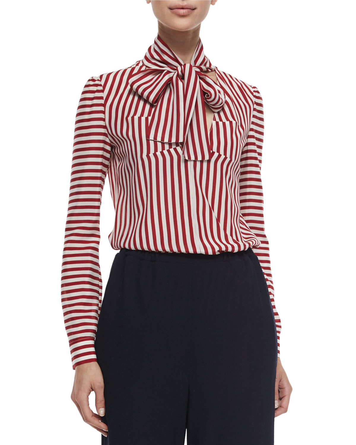 RED Valentino Tie-neck Striped Blouse in Red - Lyst