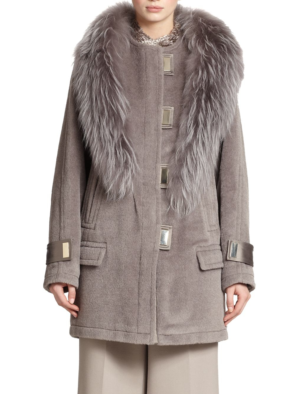 grey fur trim coat