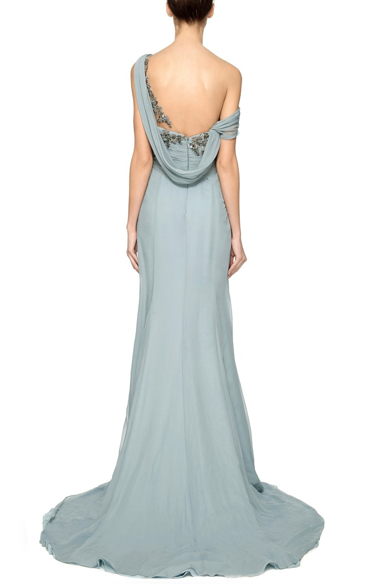 Marchesa Embroidered One-Shoulder Chiffon Gown in Blue