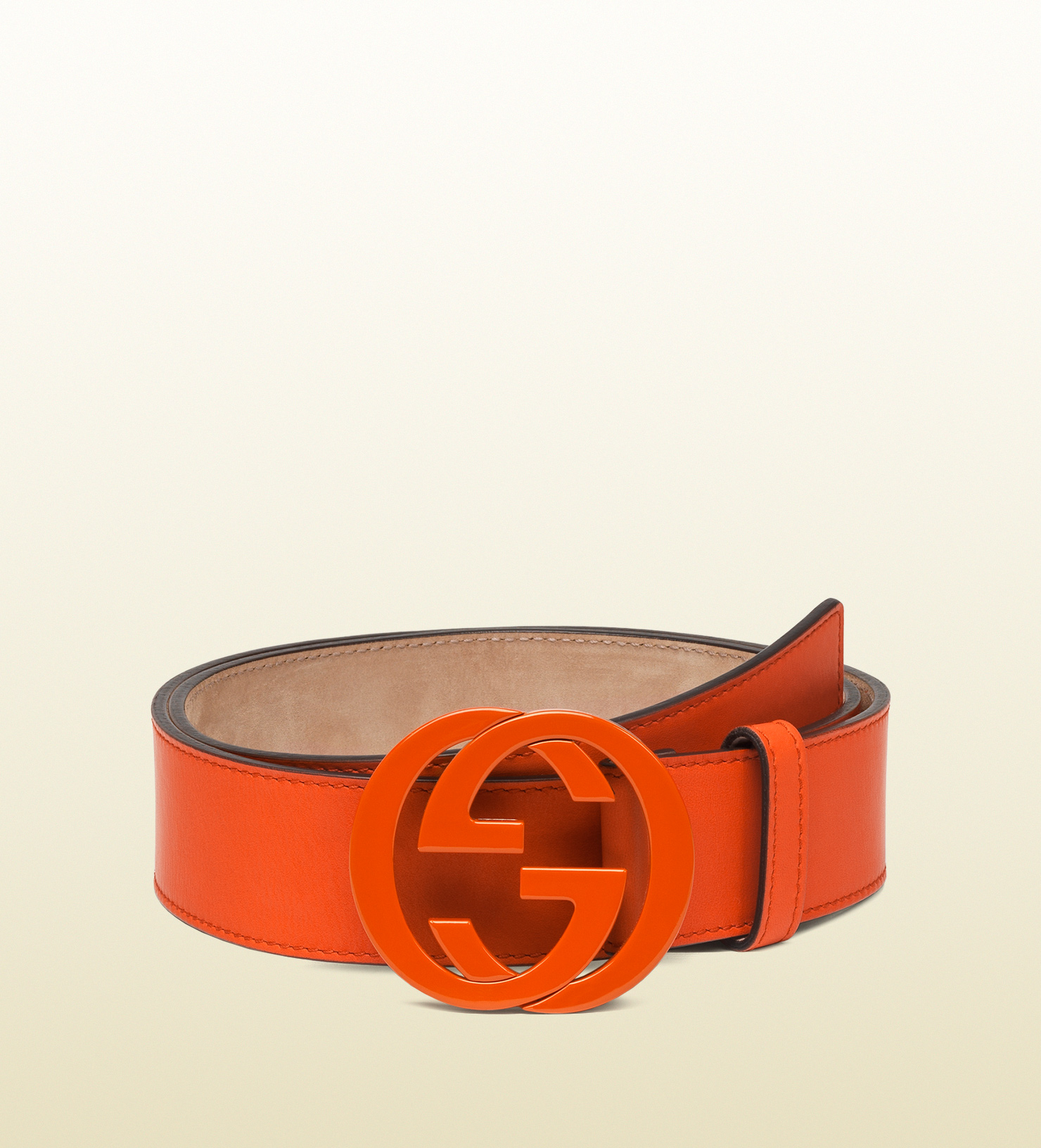 Gucci Leather Belt with Interlocking G Buckle in Orange for Men