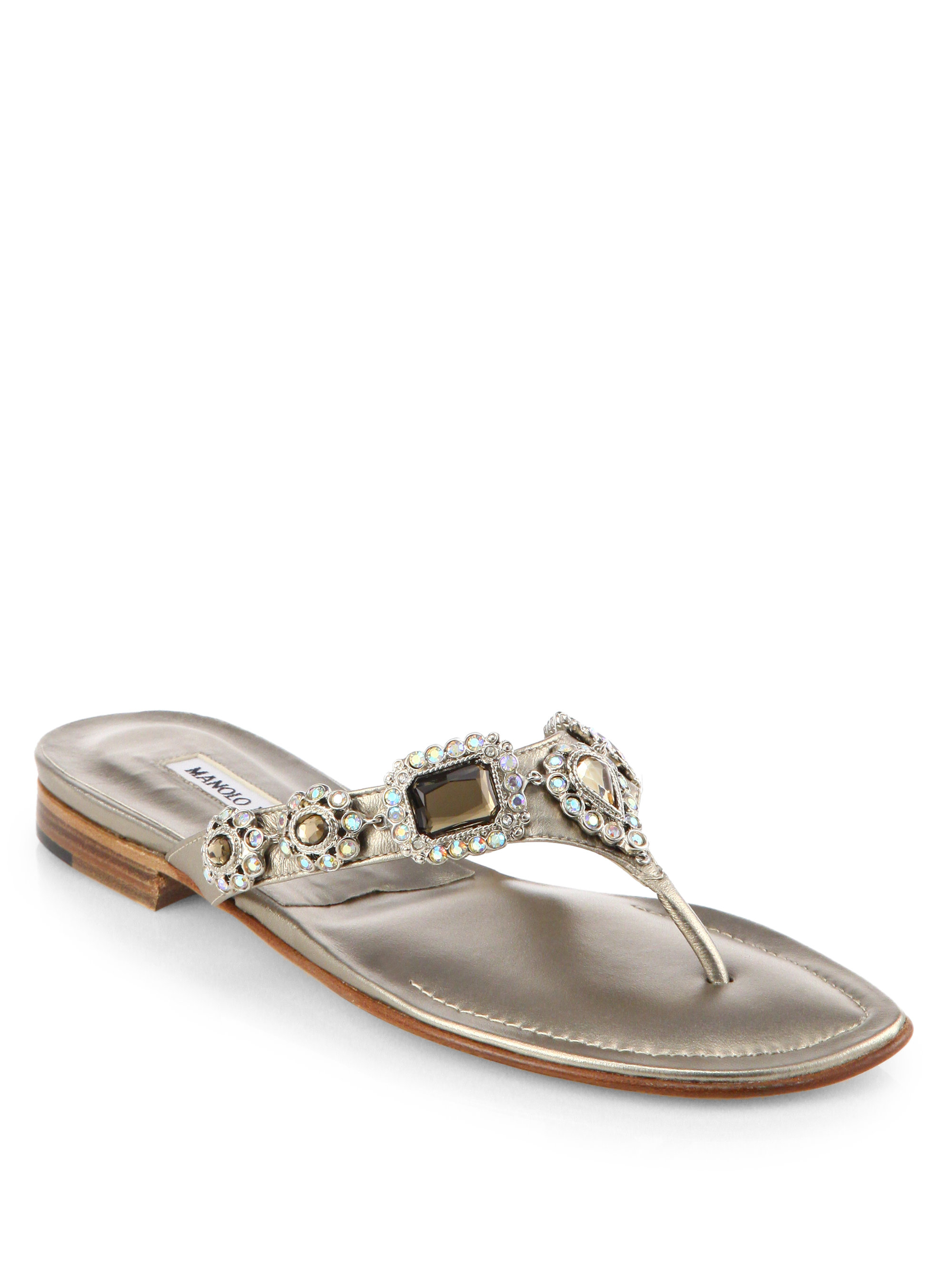 Manolo Blahnik Cesabi Jeweled Metallic Leather Thong Sandals in Silver ...