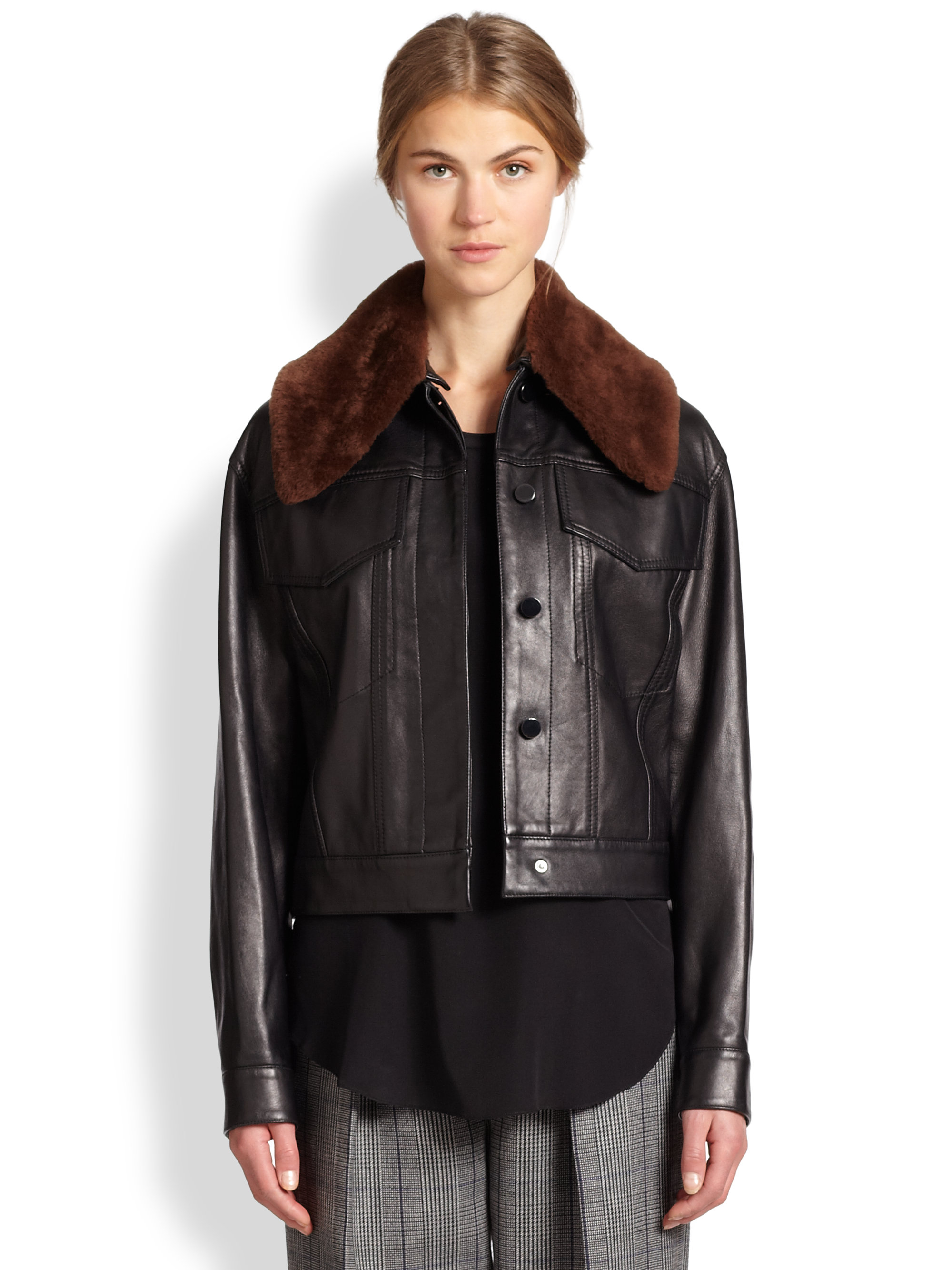 Lyst 3 1 Phillip Lim Shearling Collar Leather Jacket In Black Gallery