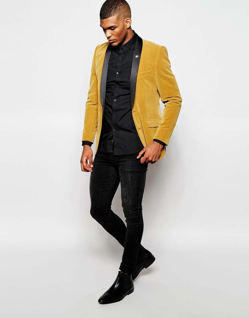 ASOS Skinny Blazer In Velvet in Camel (Yellow) for Men - Lyst