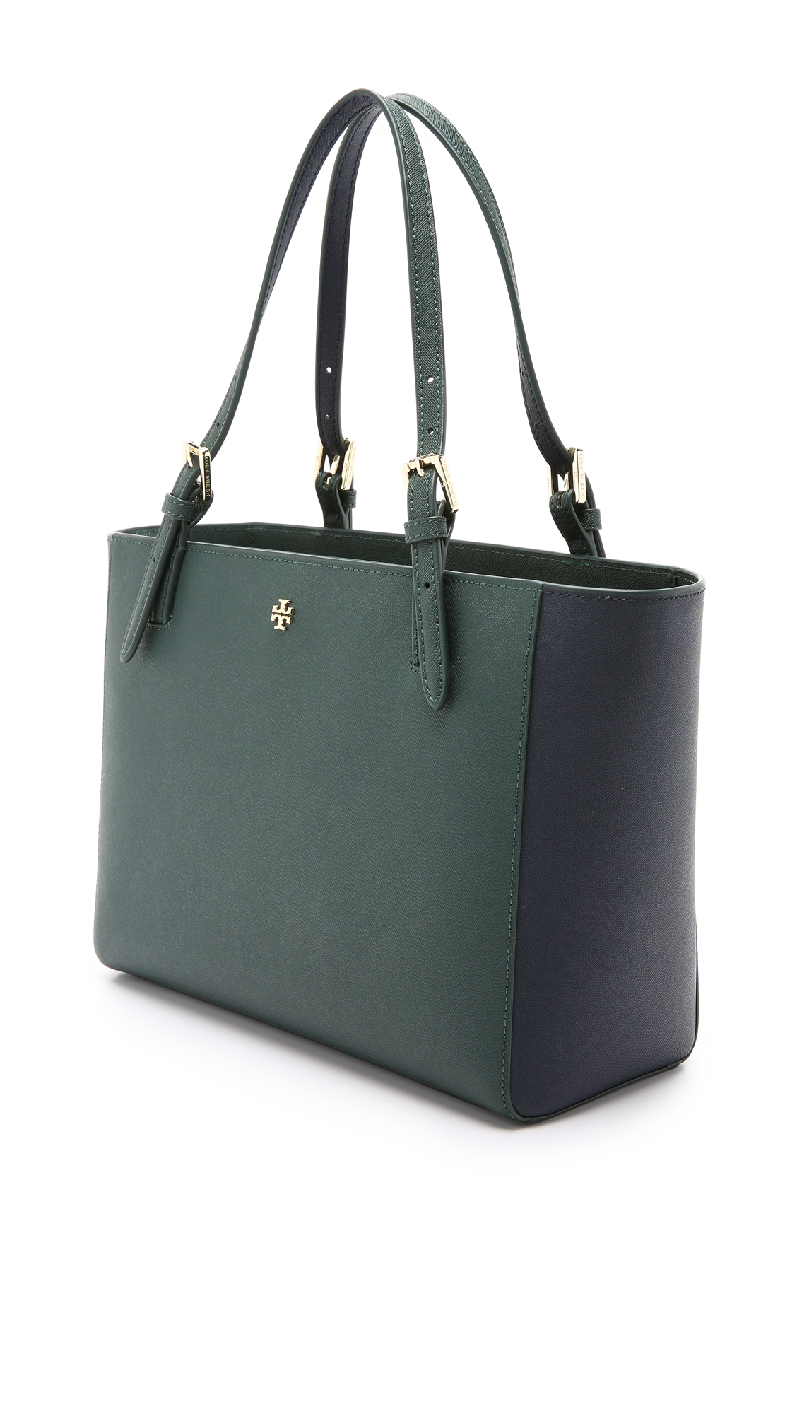 Tory Burch York Small Buckle Tote - Jitney Green/tory Navy | Lyst
