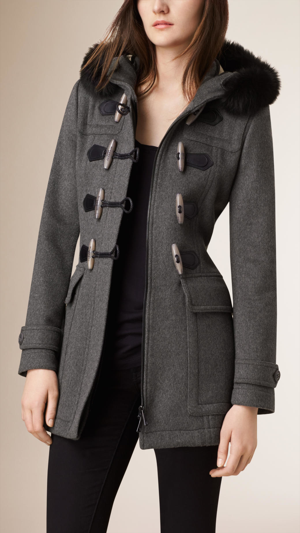 Burberry Detachable Fur Trim Wool Duffle Coat in Grey Melange (Gray) - Lyst