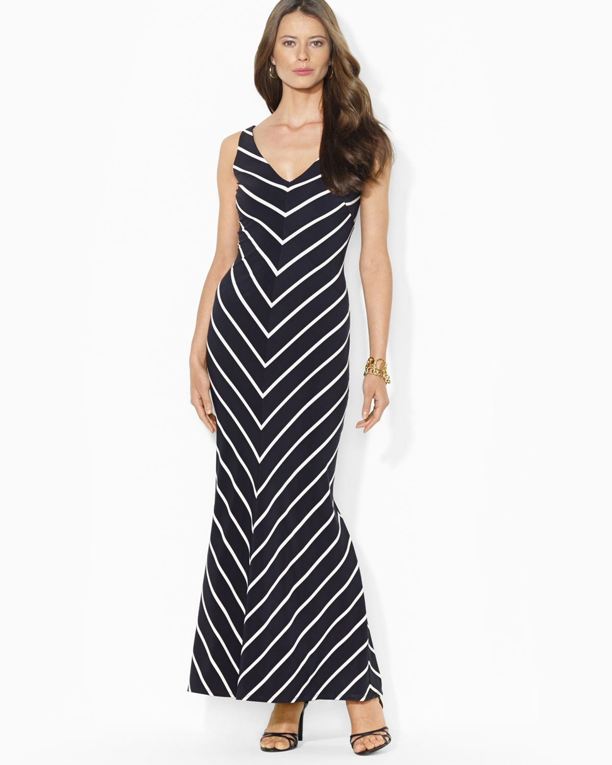 Ralph Lauren Lauren Maxi Dress - V Neck Sleeveless Diagonal Stripe in White  - Lyst