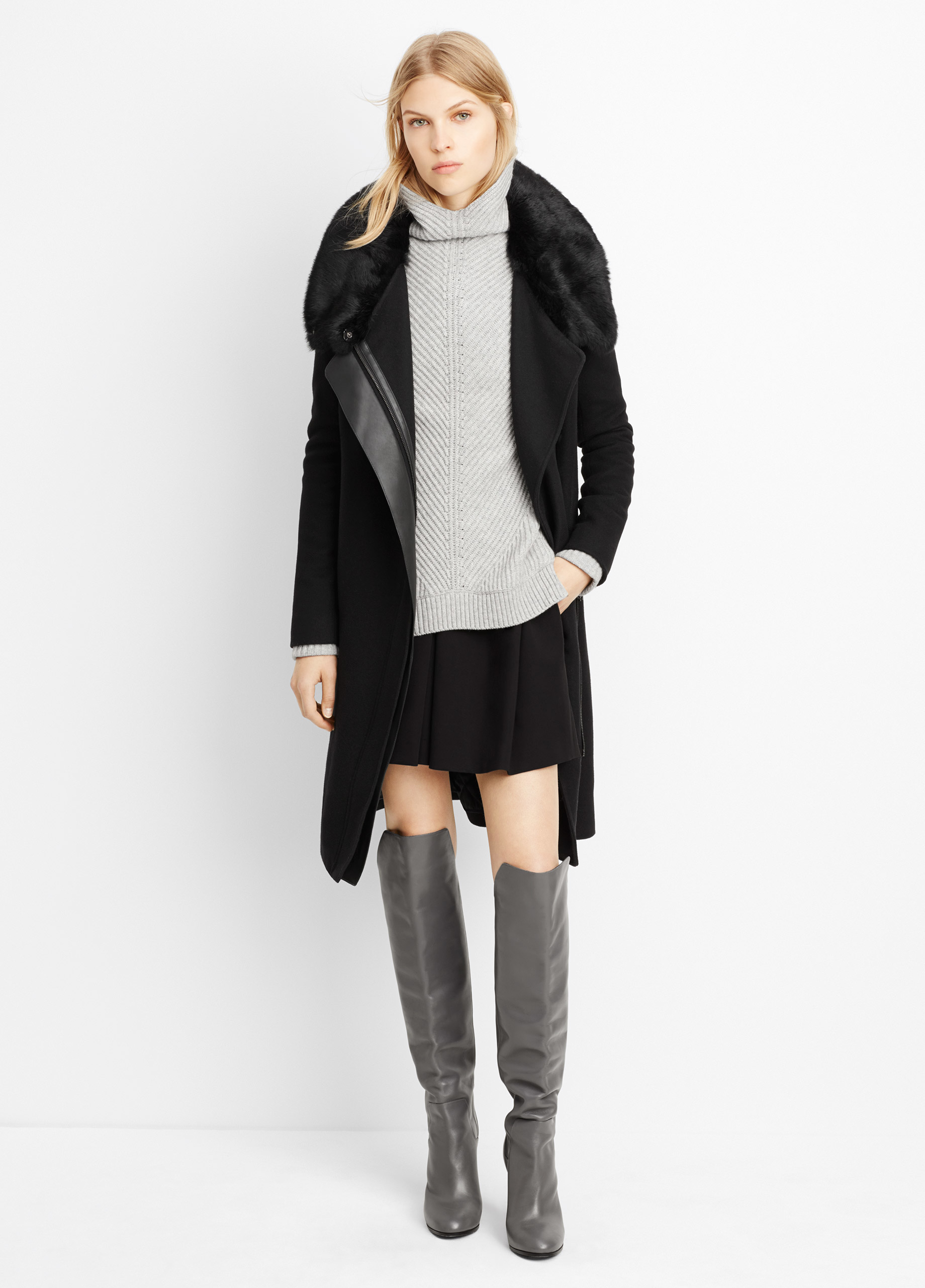 Lyst Vince Asymmetric Coat With Fur Collar In Black Gallery