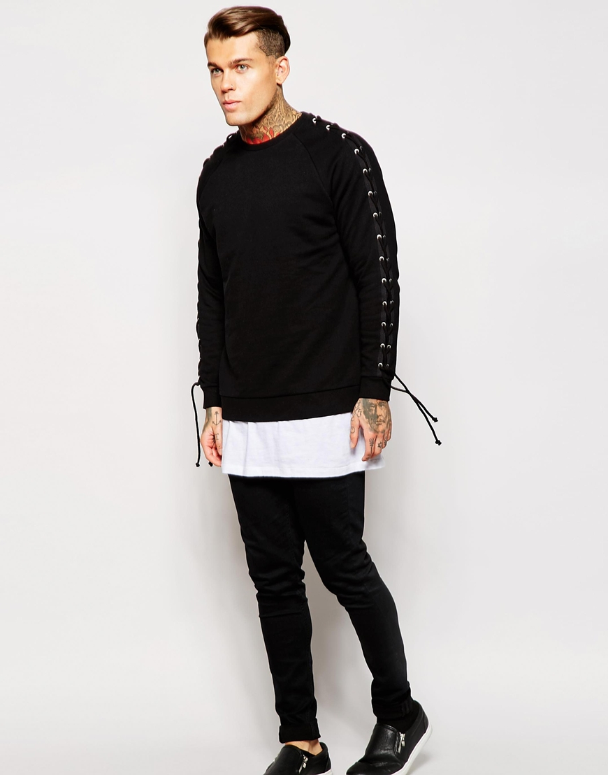 ASOS Oversized Sweatshirt With Lace Up Sleeve in Black for Men - Lyst