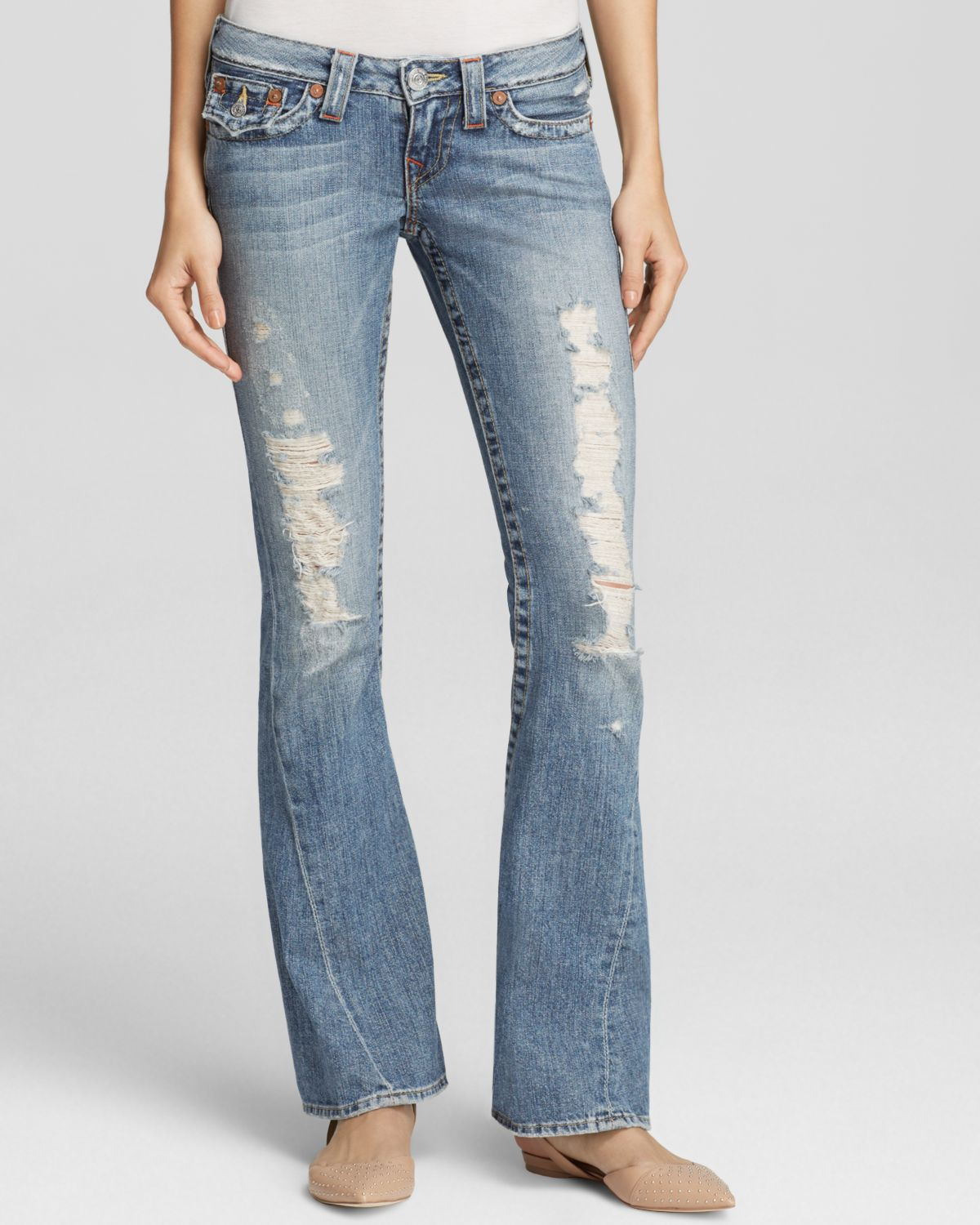 True Religion Joey Original Low Rise Flare Jeans In Destroyed in Blue | Lyst