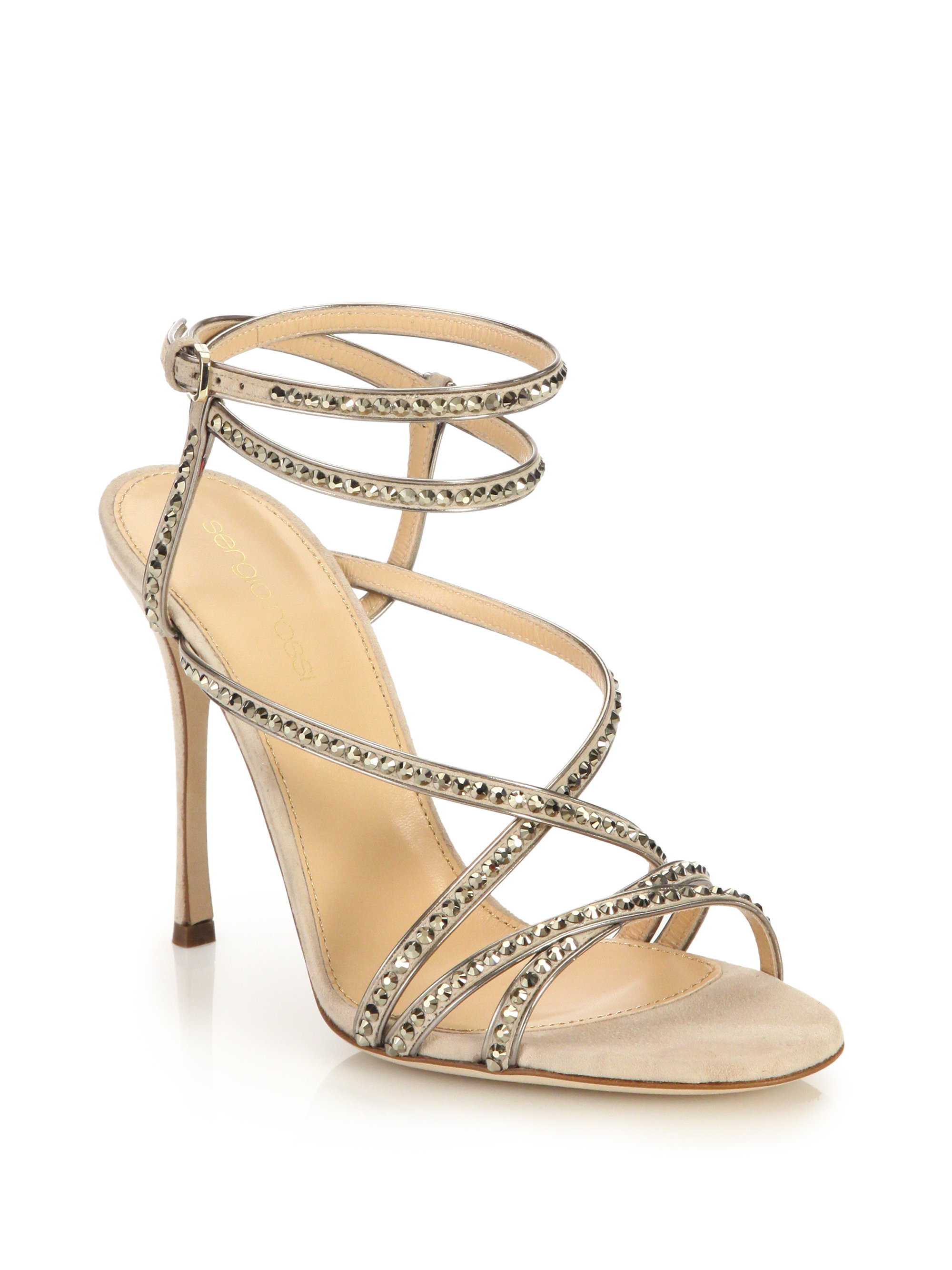 Lyst - Sergio rossi Bejeweled Suede Sandals in Natural