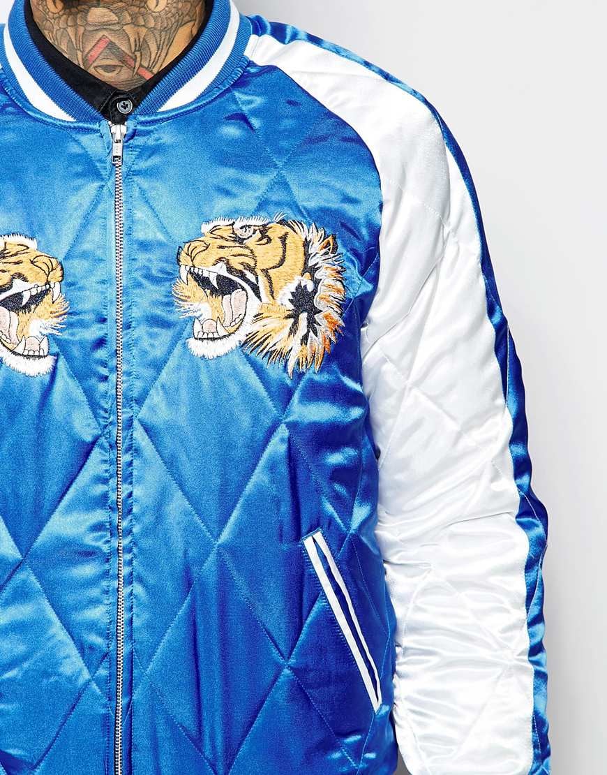 ASOS Bomber Jacket With Tiger Embroidery in Blue for Men