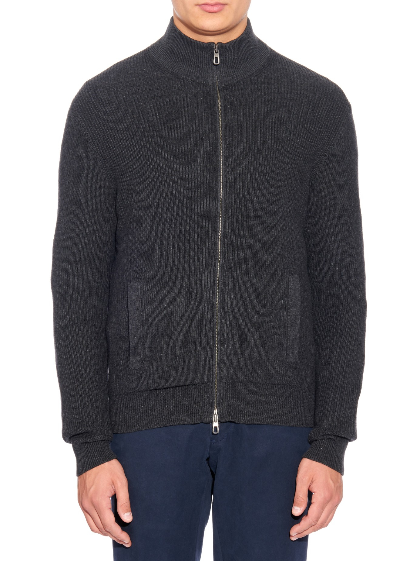 Polo ralph lauren Zip-up Ribbed-knit Cotton Cardigan in Gray for Men | Lyst