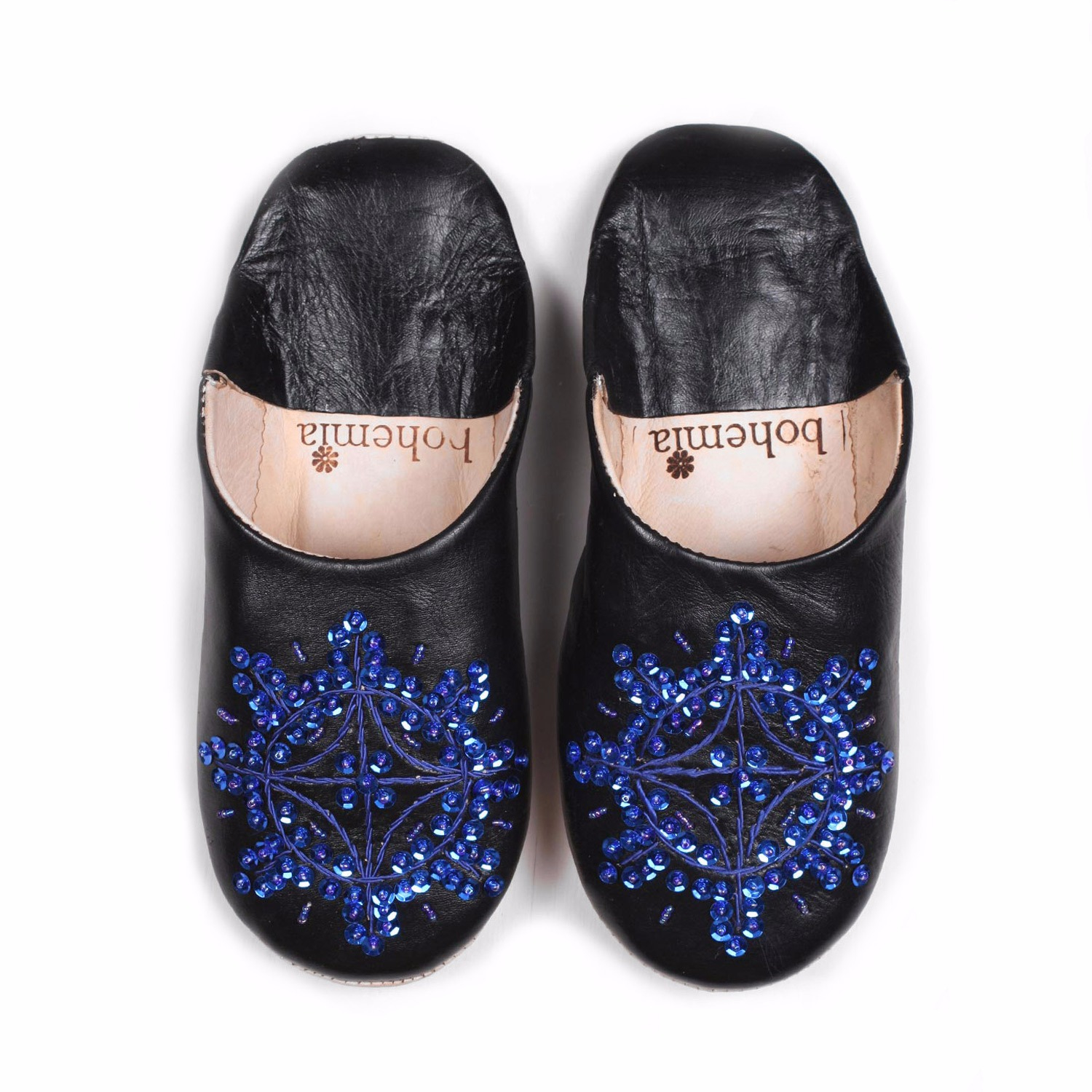 Bohemia design Moroccan Babouche Sequin Slippers Black & Cobalt in Blue ...