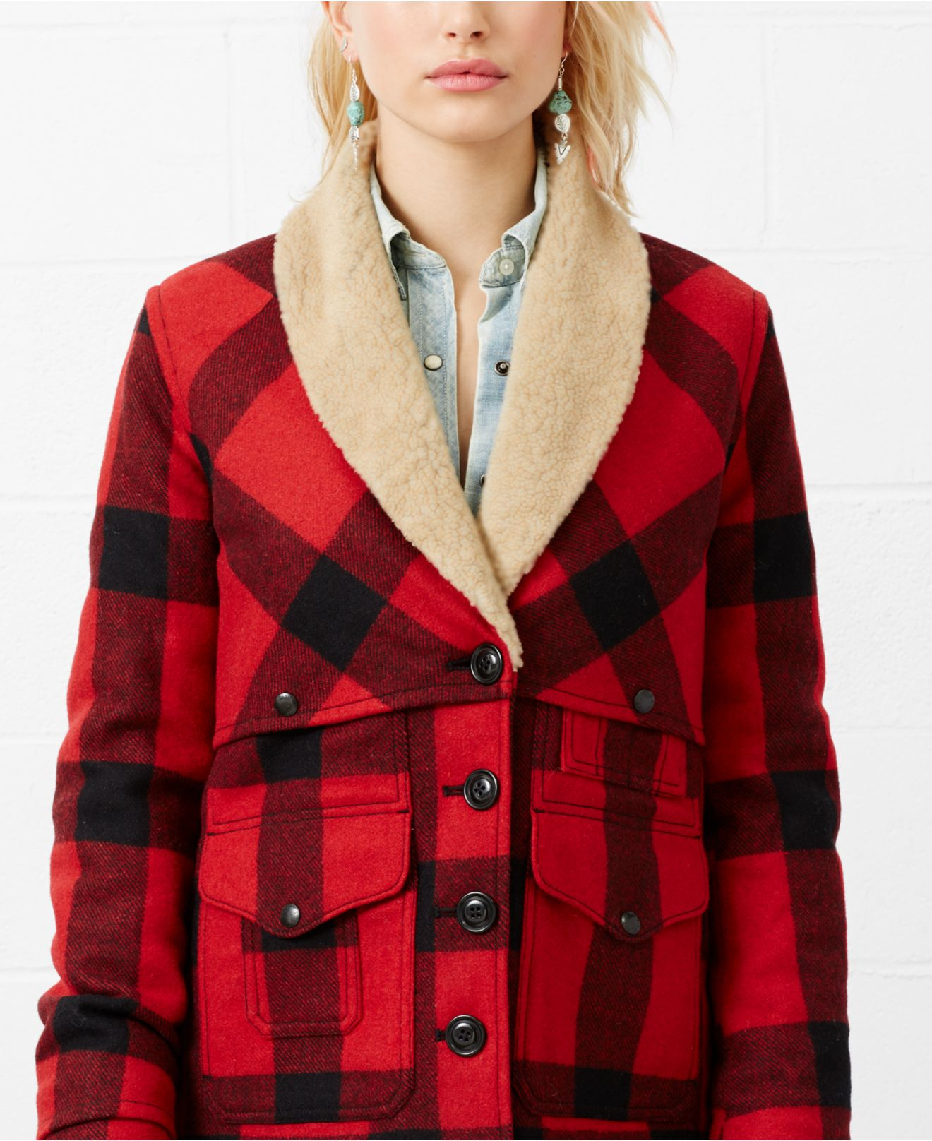 red plaid shearling jacket