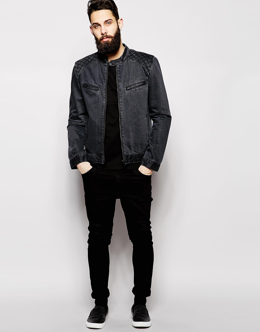 Asos Denim Biker Jacket With Quilted Shoulder in Black for Men Lyst