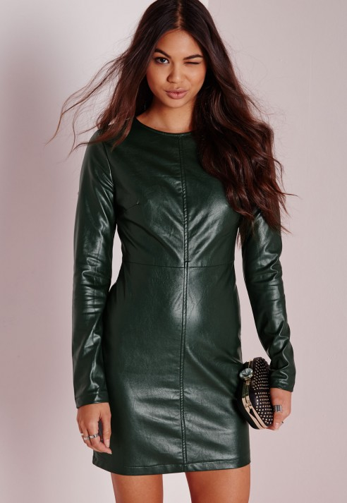 Missguided Faux Leather Long Sleeve Bodycon Dress Green In Green Lyst 1610