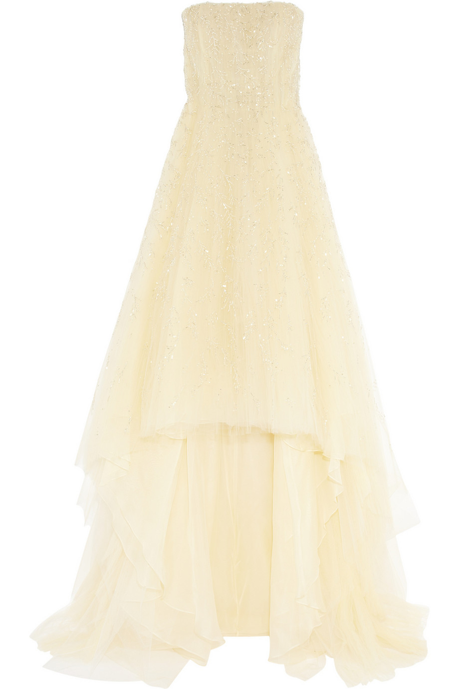 oscar de la renta strapless pleated flocked tulle gown