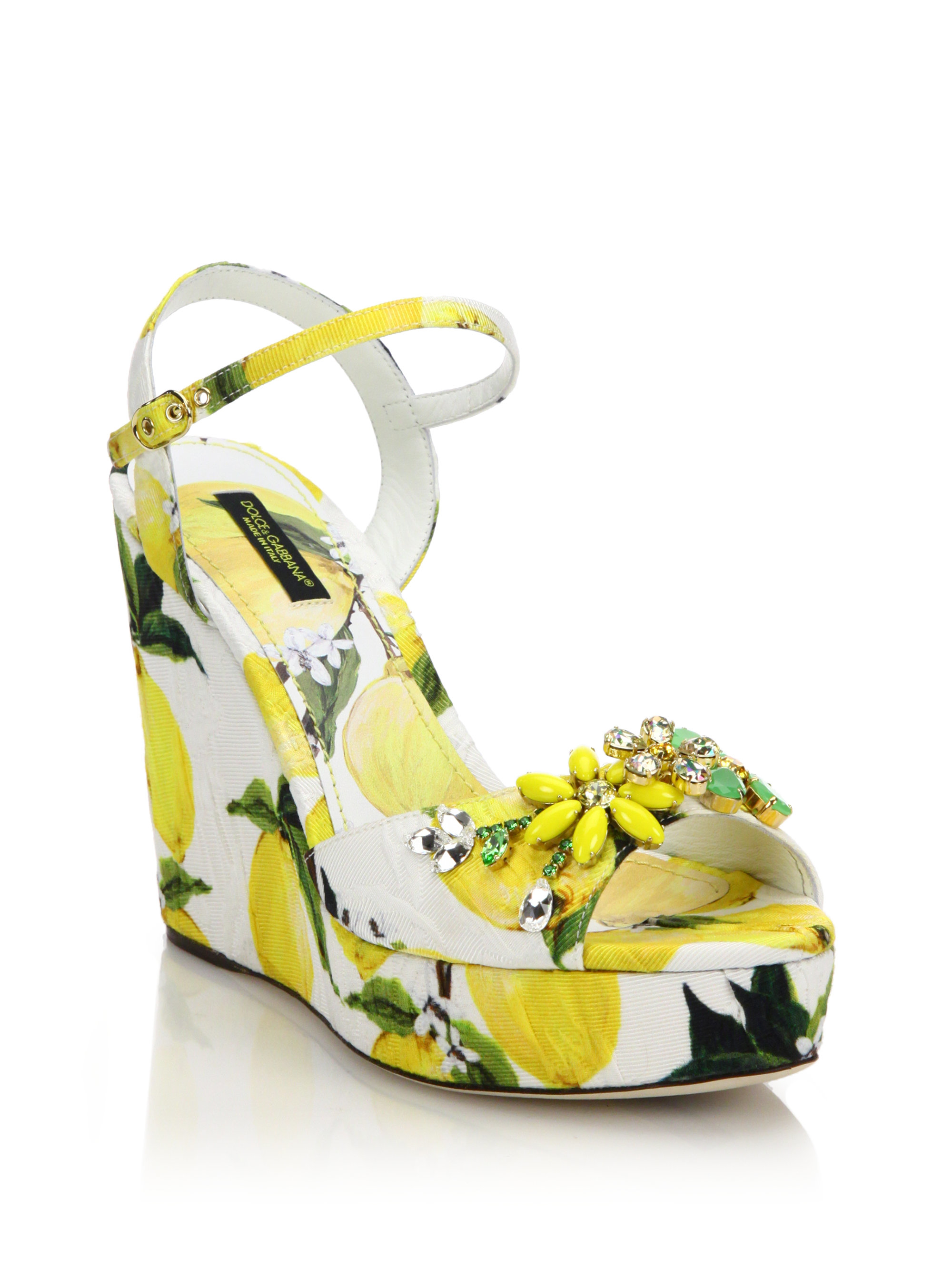 Dolce & Gabbana Embellished Lemon-print Brocade Platform Wedge Sandals |  Lyst