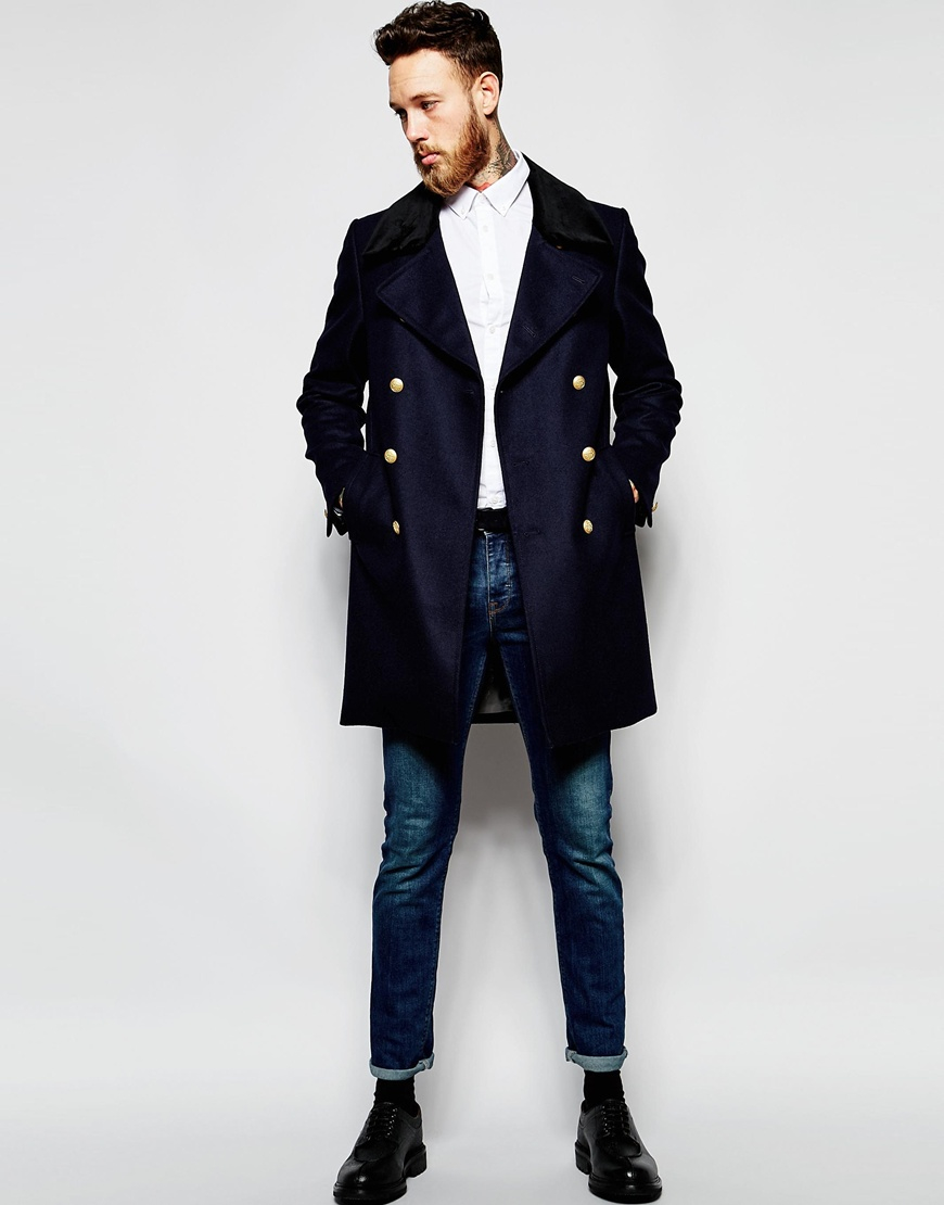 Heart & Dagger Wool Double Breasted Overcoat With Gold Buttons in Black for  Men | Lyst