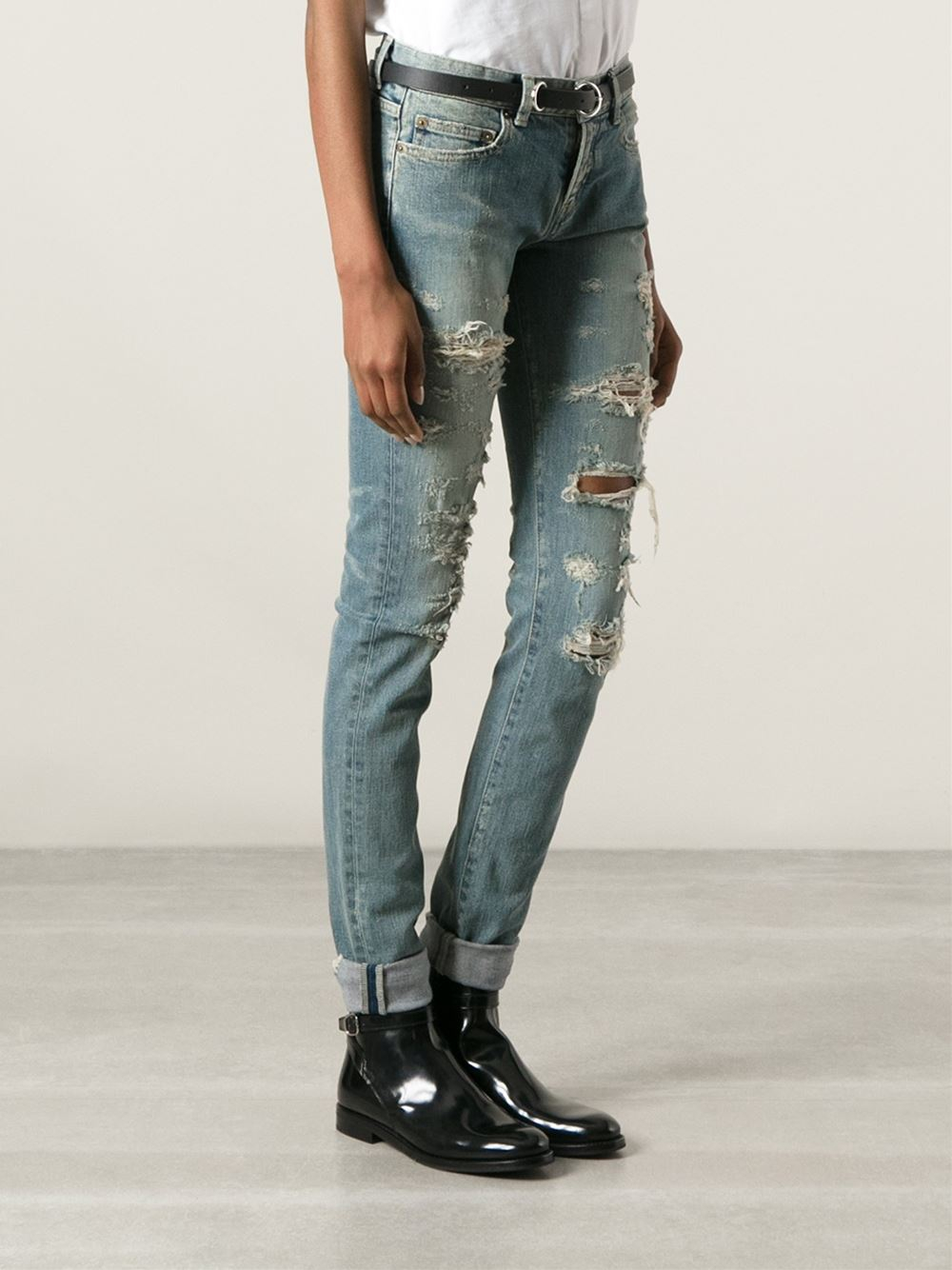 Saint Laurent Ripped Skinny Jeans in Blue | Lyst