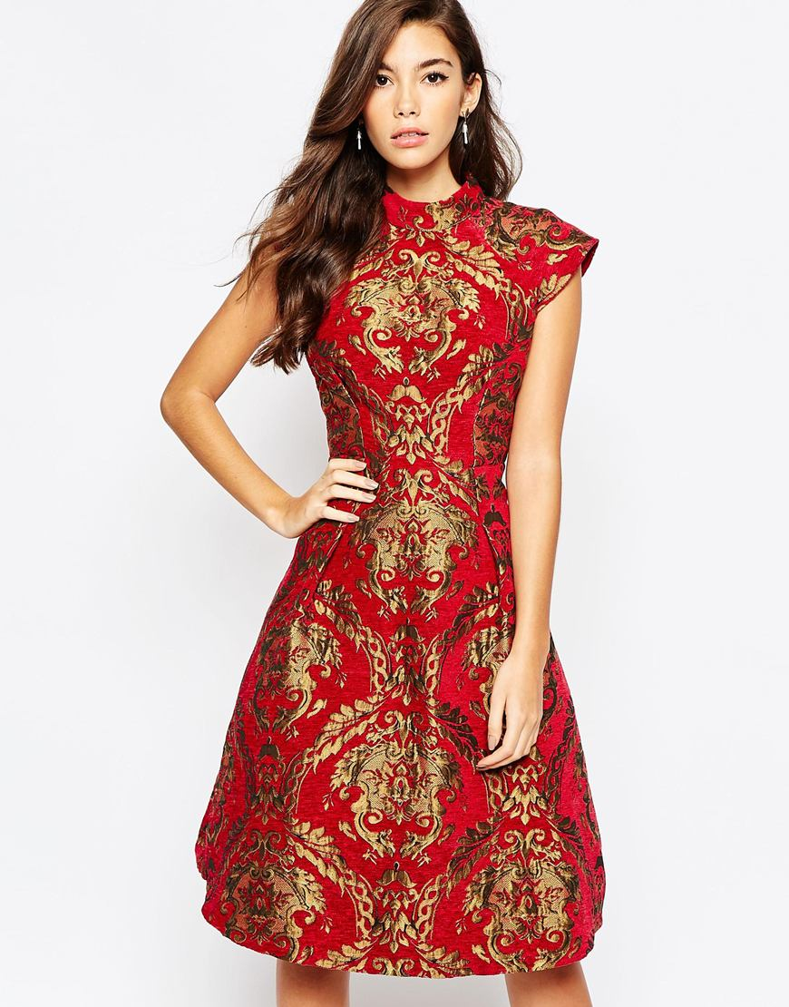 Chi Chi London High Neck Baroque Print Structured Skater Dress