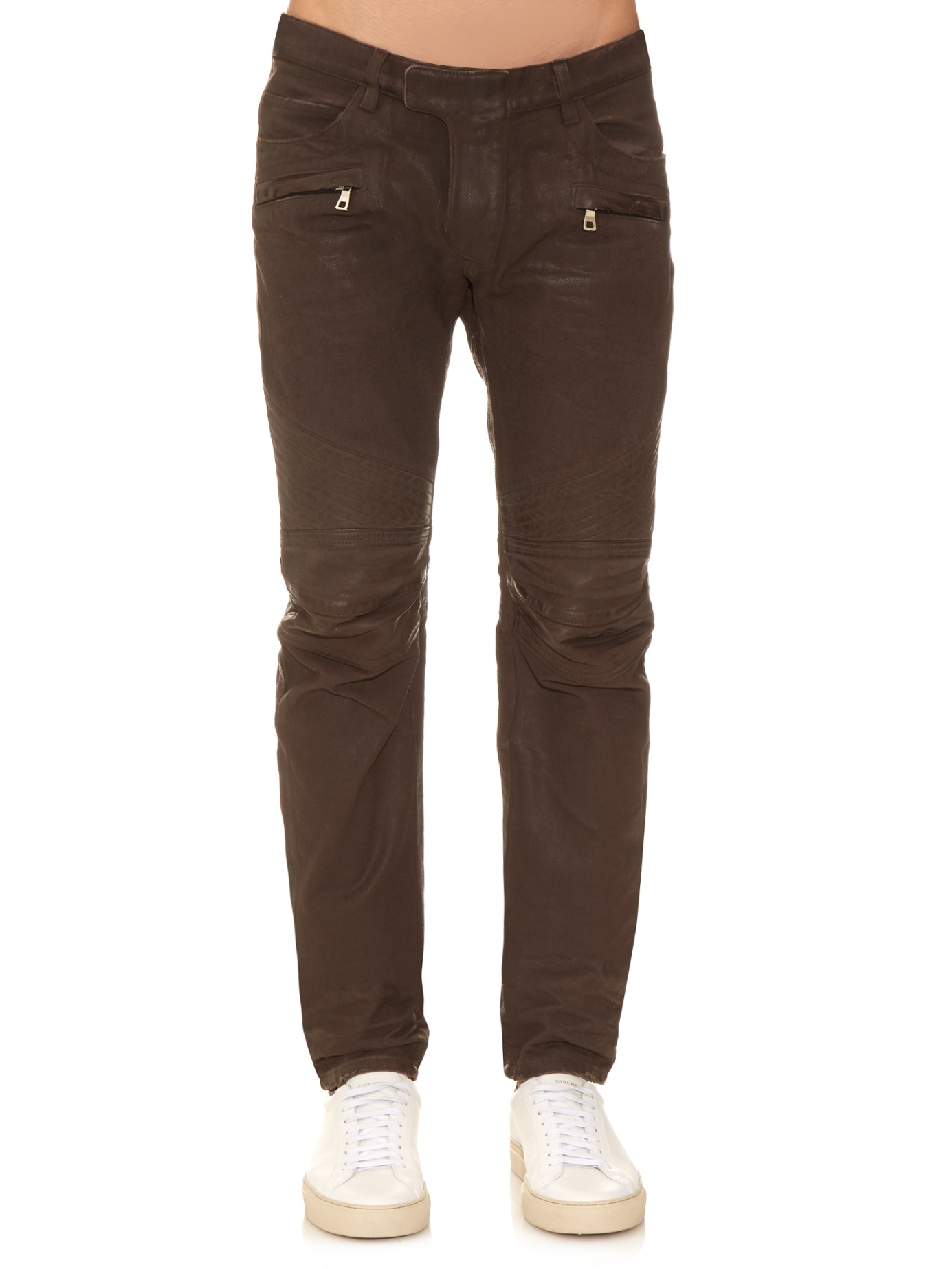 Balmain Biker Leather-panel Jeans in Brown for Men - Lyst