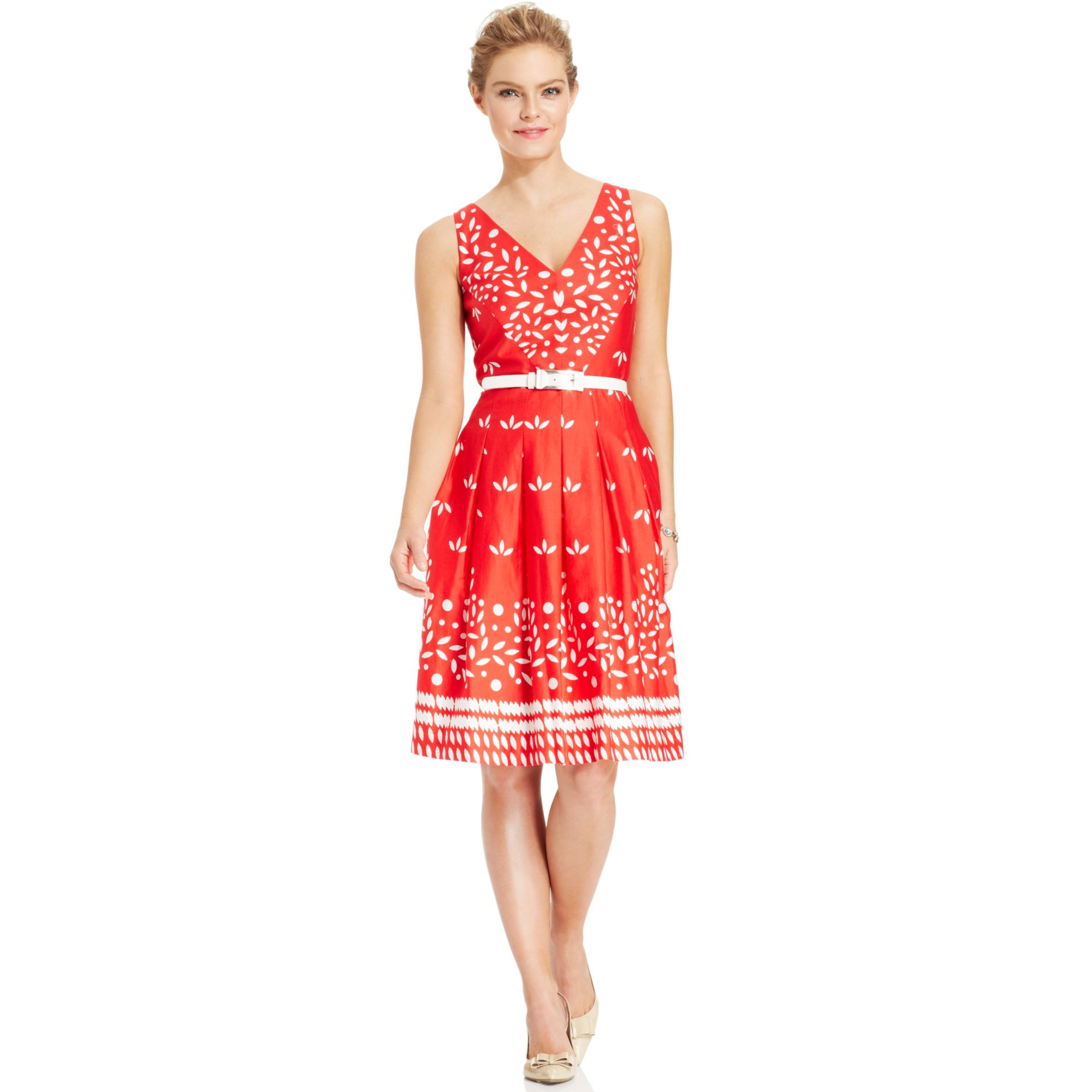 Anne Klein Petite Sleeveless Printed Belted Dress in Red ...