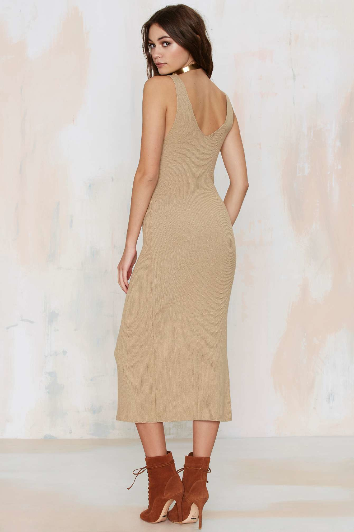 camel ribbed midi dress
