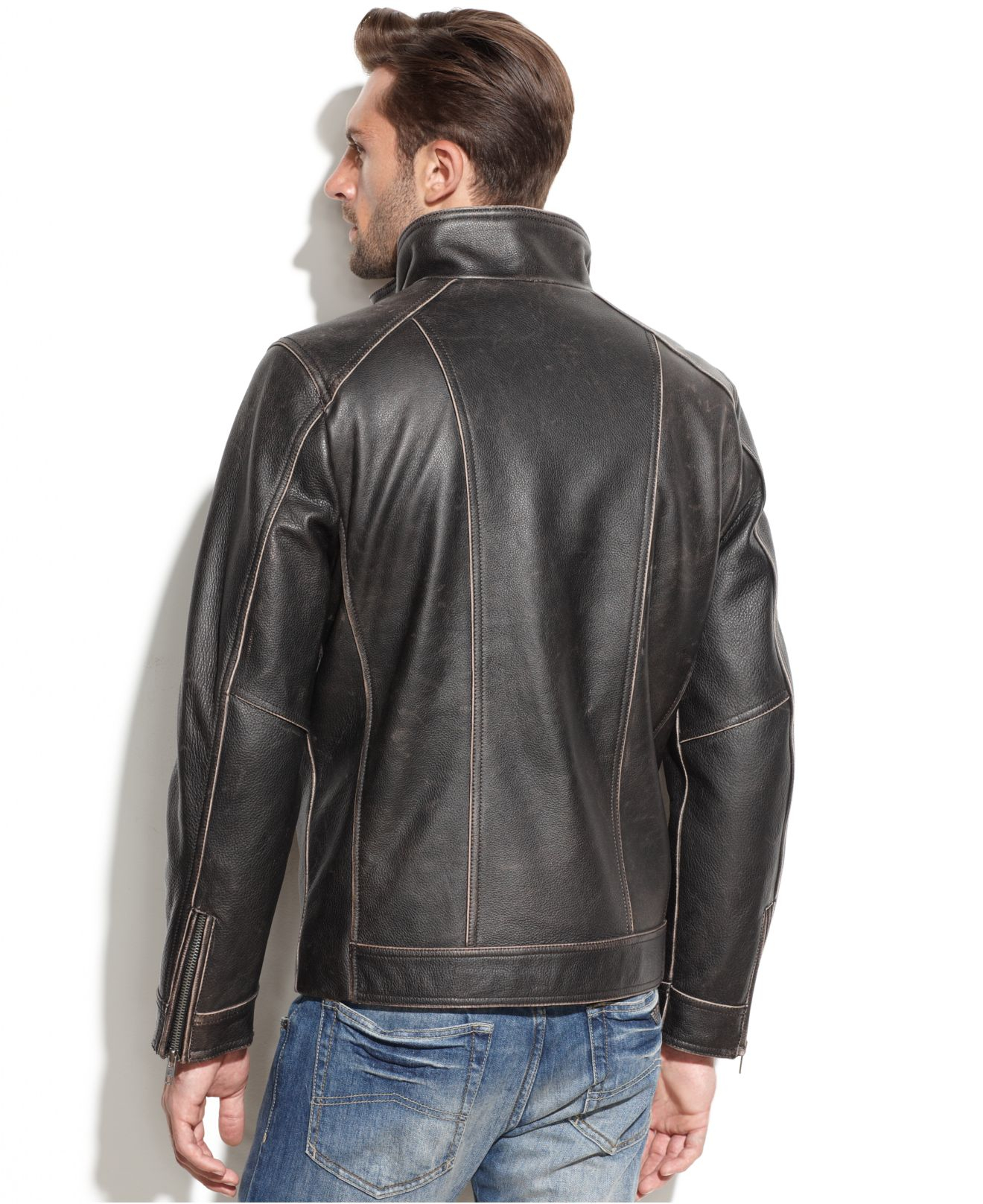 brown leather jacket guess