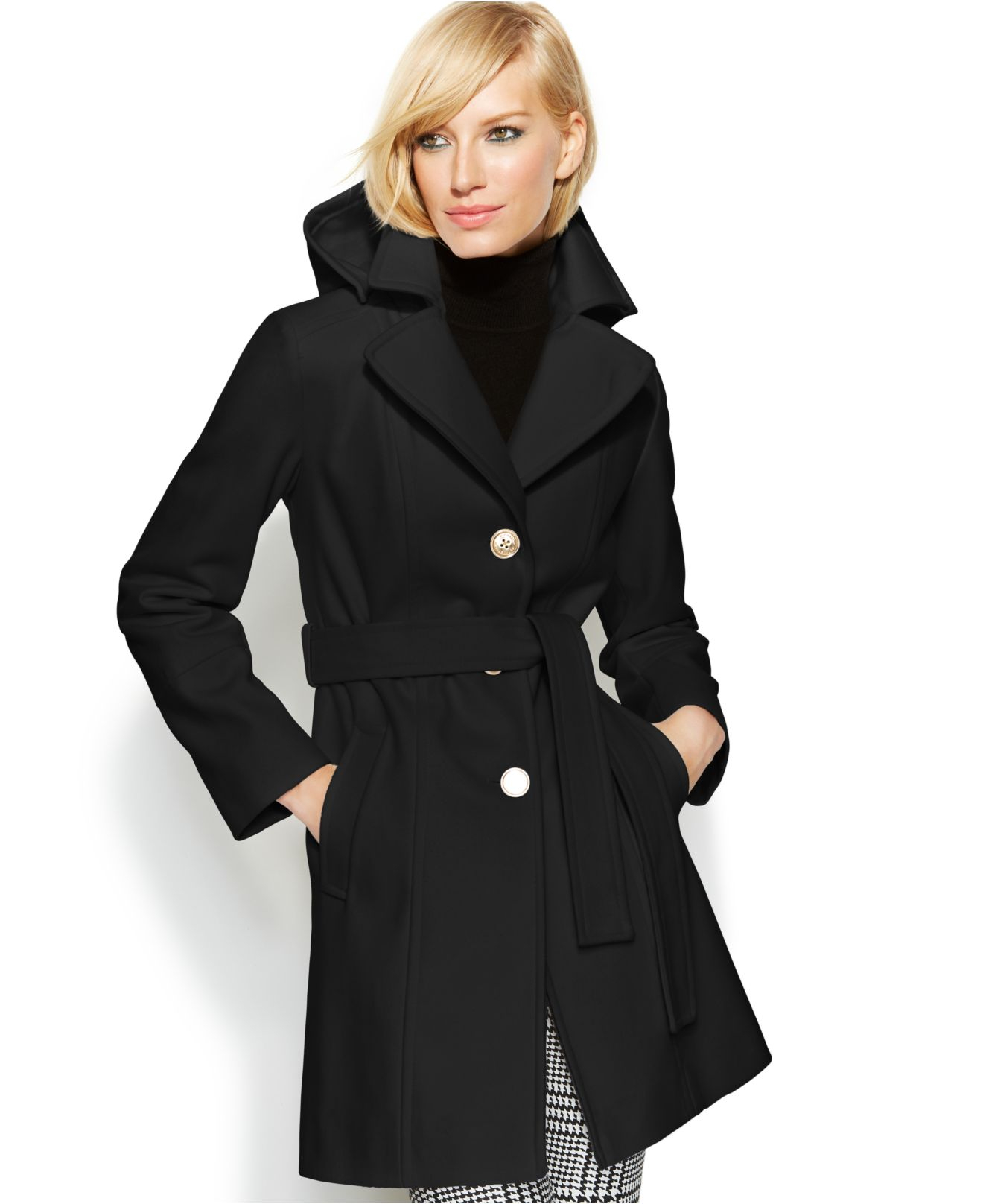 hooded belted wool coat