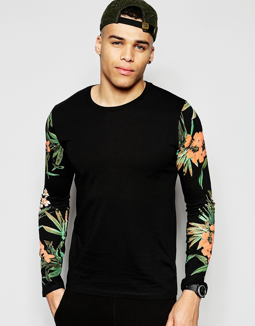 Black shirt with floral sleeves Clearance