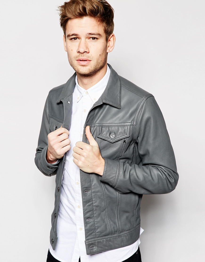 Replay Leather Trucker Jacket Button Front in Gray for Men | Lyst