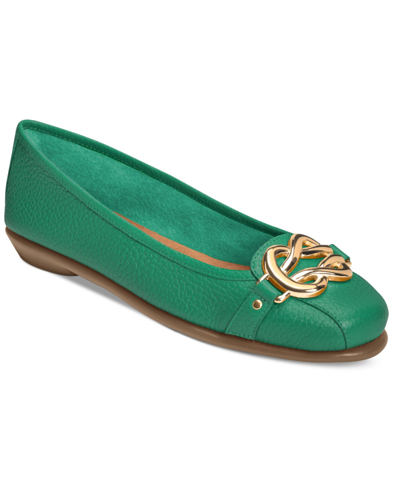 green leather flat shoes