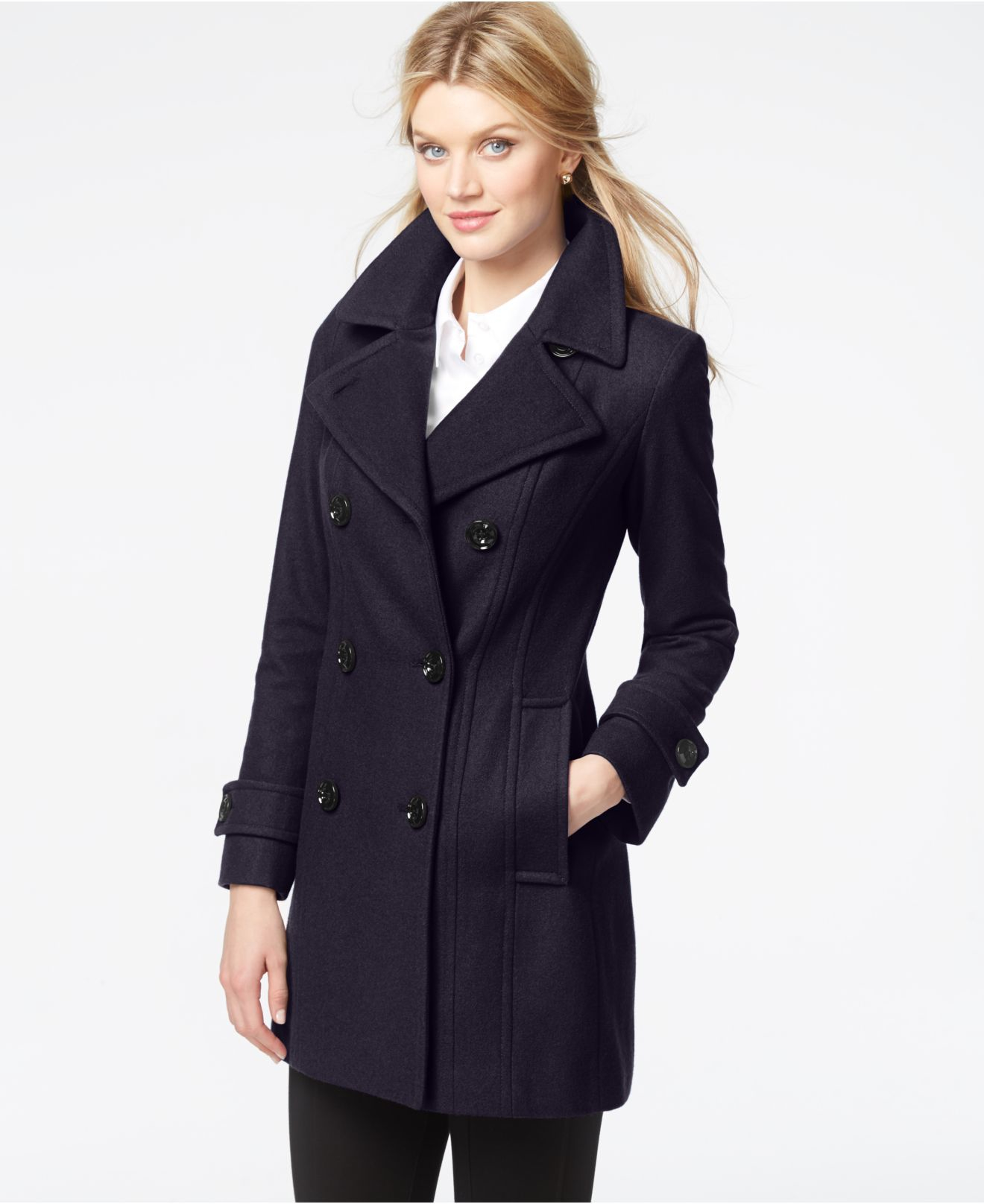 Anne Klein Wool Plus Size Doublebreasted Peacoat in Deep Plum (Purple