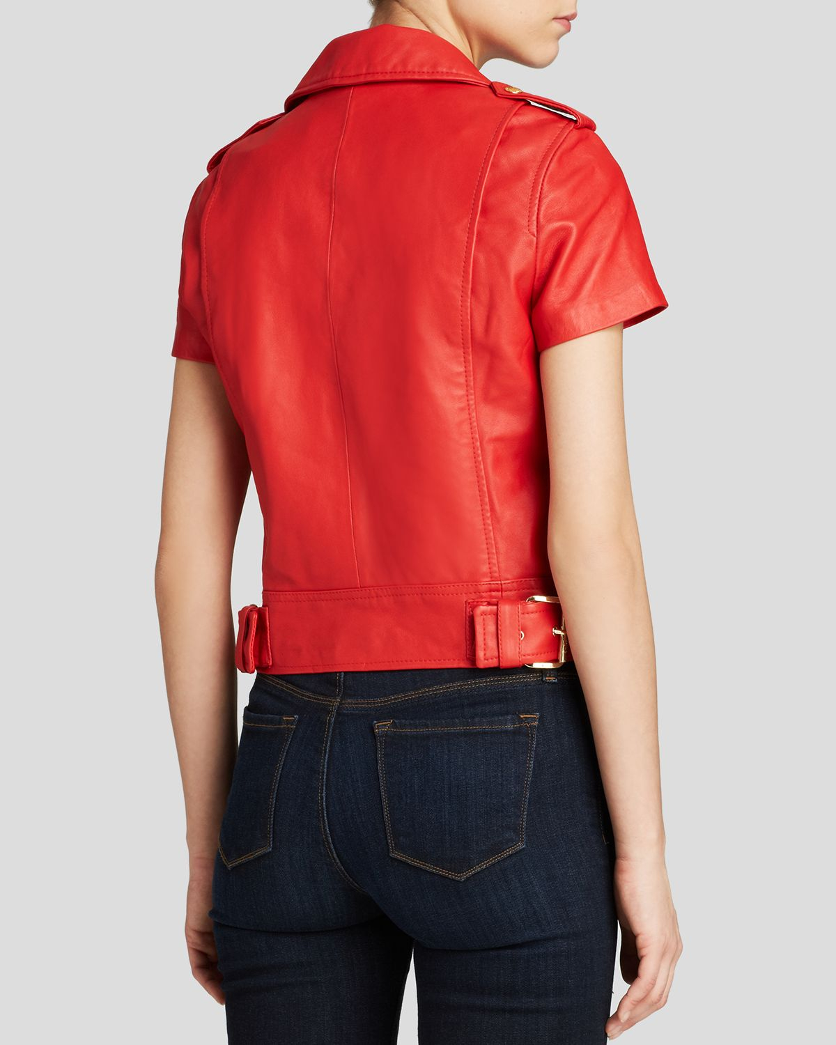 MICHAEL Michael Kors Short Sleeve Leather Moto Jacket in Red | Lyst