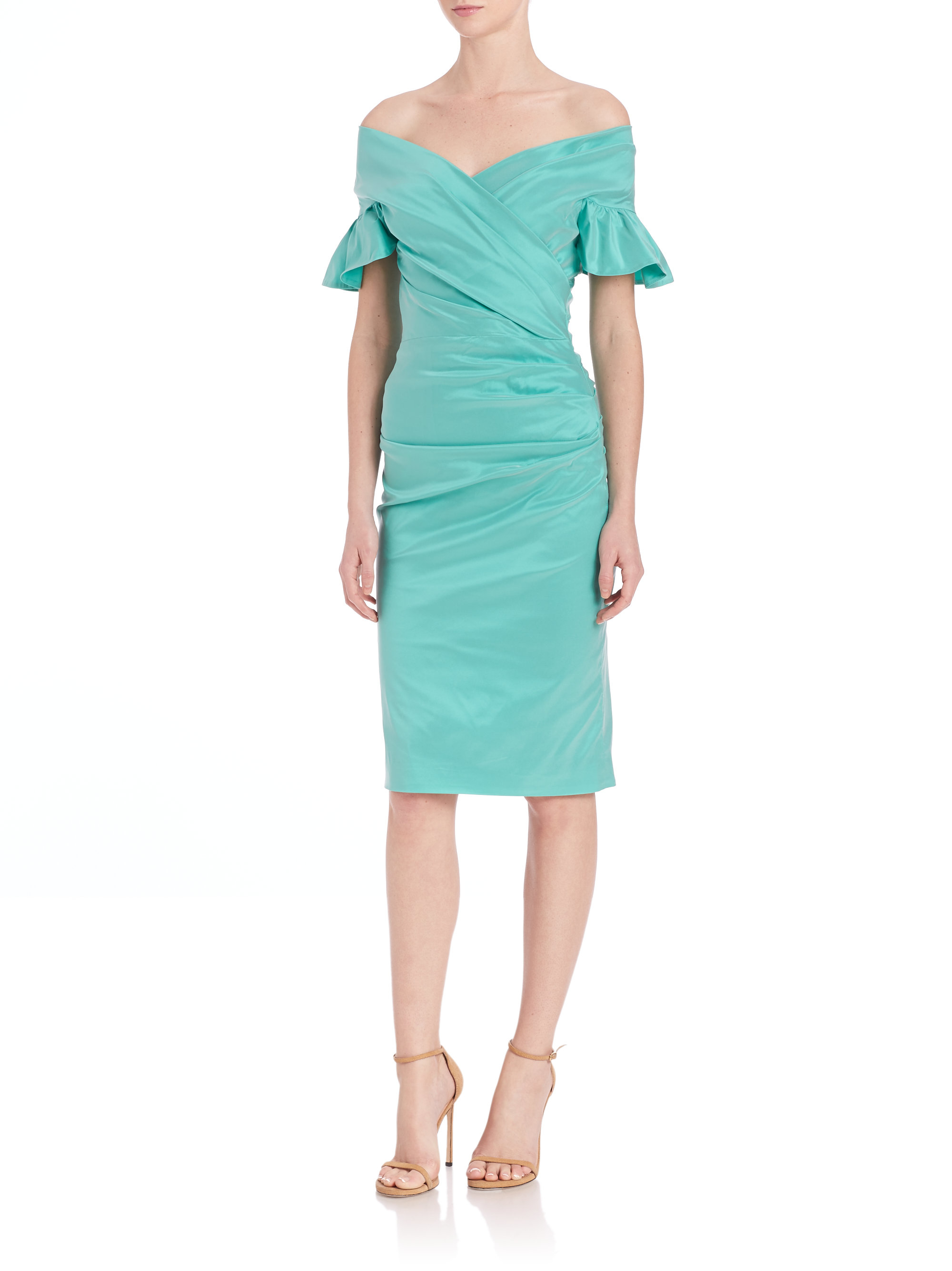 Teri Jon Synthetic Off-the-shoulder Ruffle-sleeve Dress in Jade (Green ...