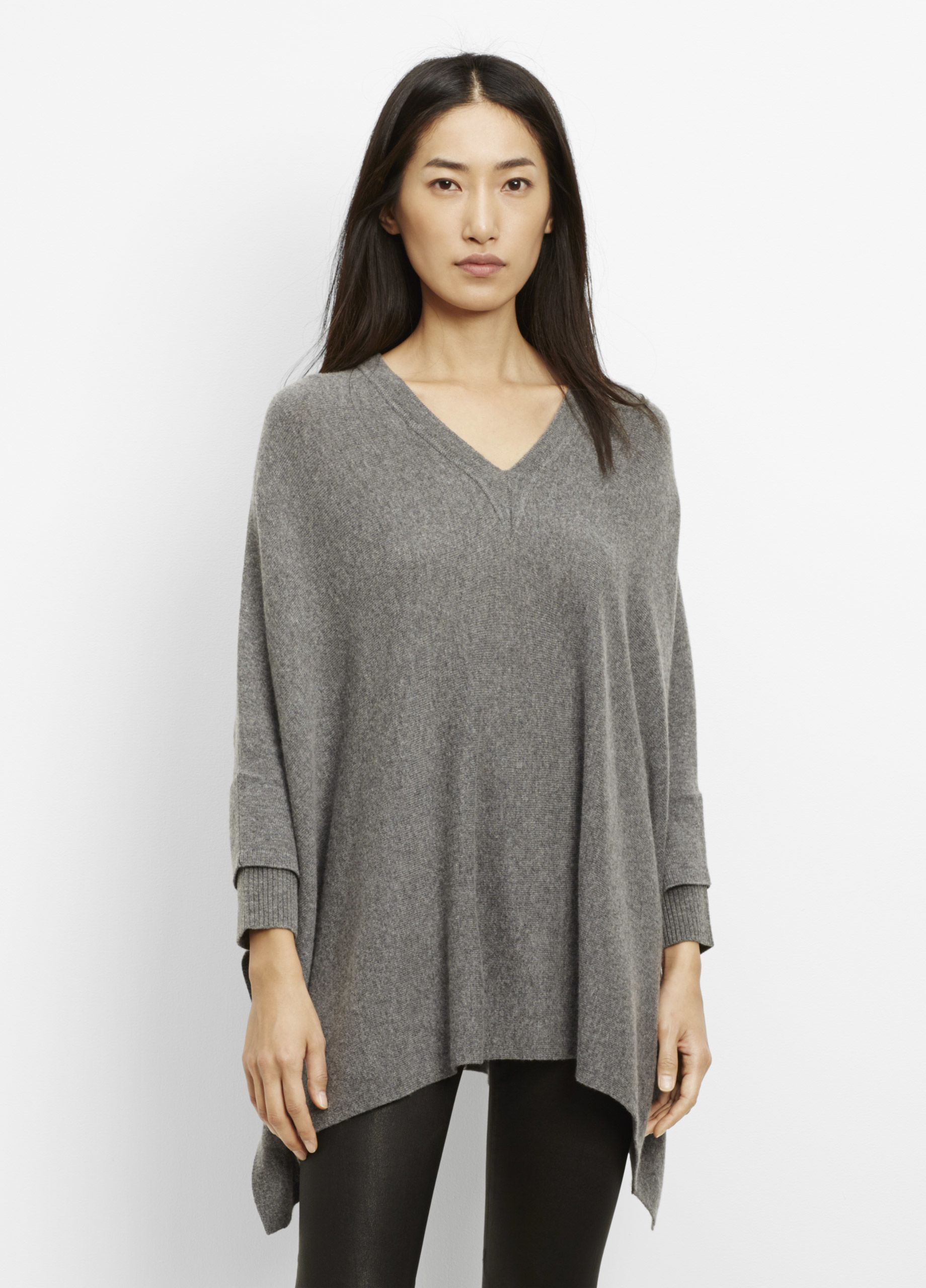 Vince Wool Cashmere Rib Cuff V-neck Poncho in Gray - Lyst