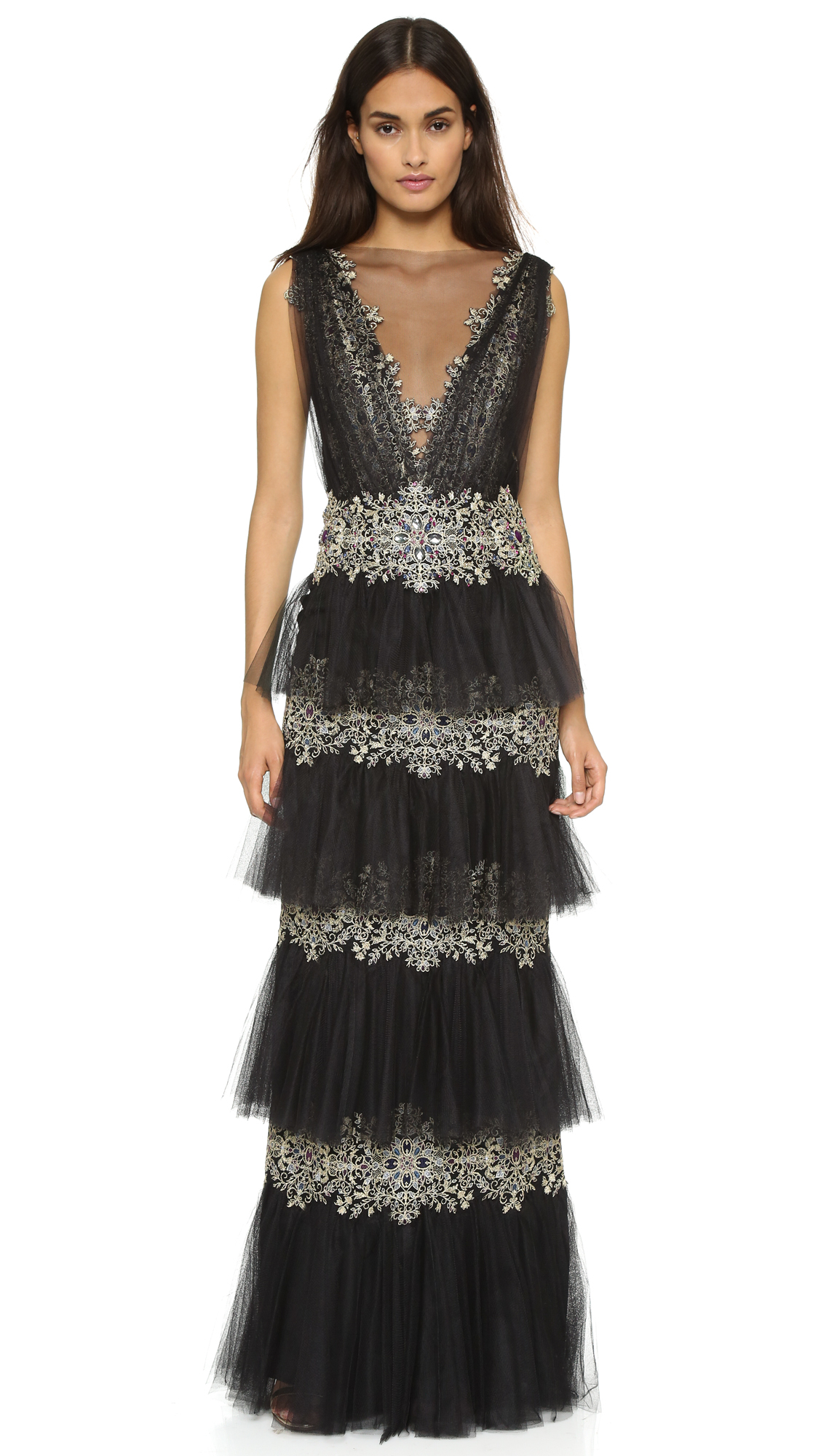 Marchesa Layered Tulle Gown - Black in Gray - Lyst