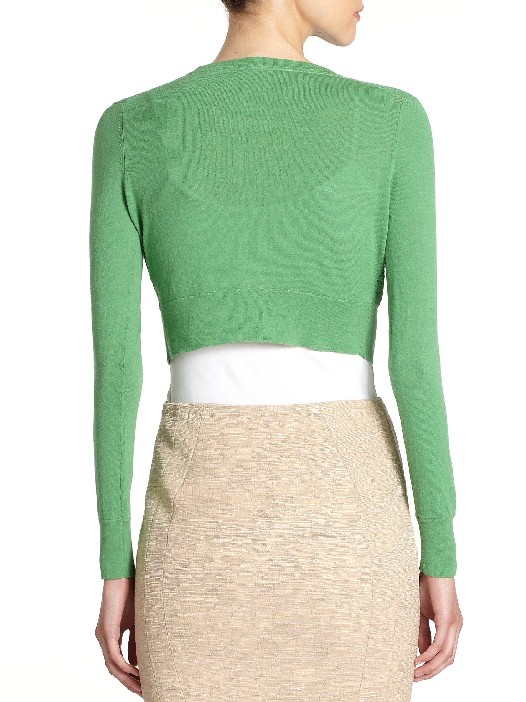 Elie Tahari Ardell Cotton Silk Cropped Cardigan in Green - Lyst