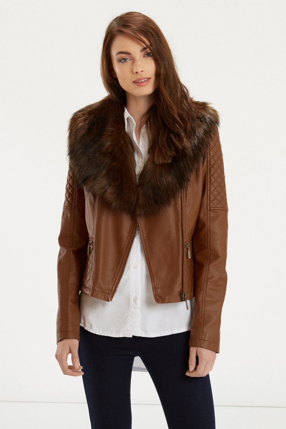 Oasis Faux Fur Collar Biker Jacket In Brown Lyst Gallery Women S Quilted Jackets Shearling Leather