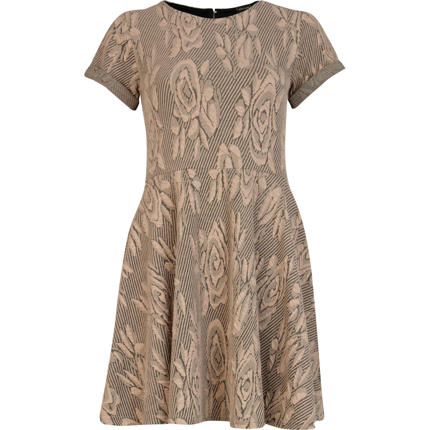 River Island Floral Jacquard Cut Out Skater Dress in Beige | Lyst