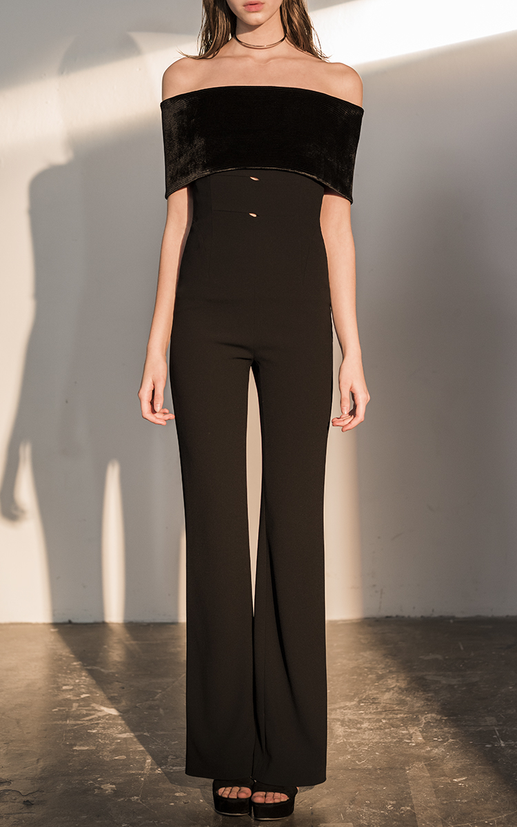 black velvet off the shoulder jumpsuit