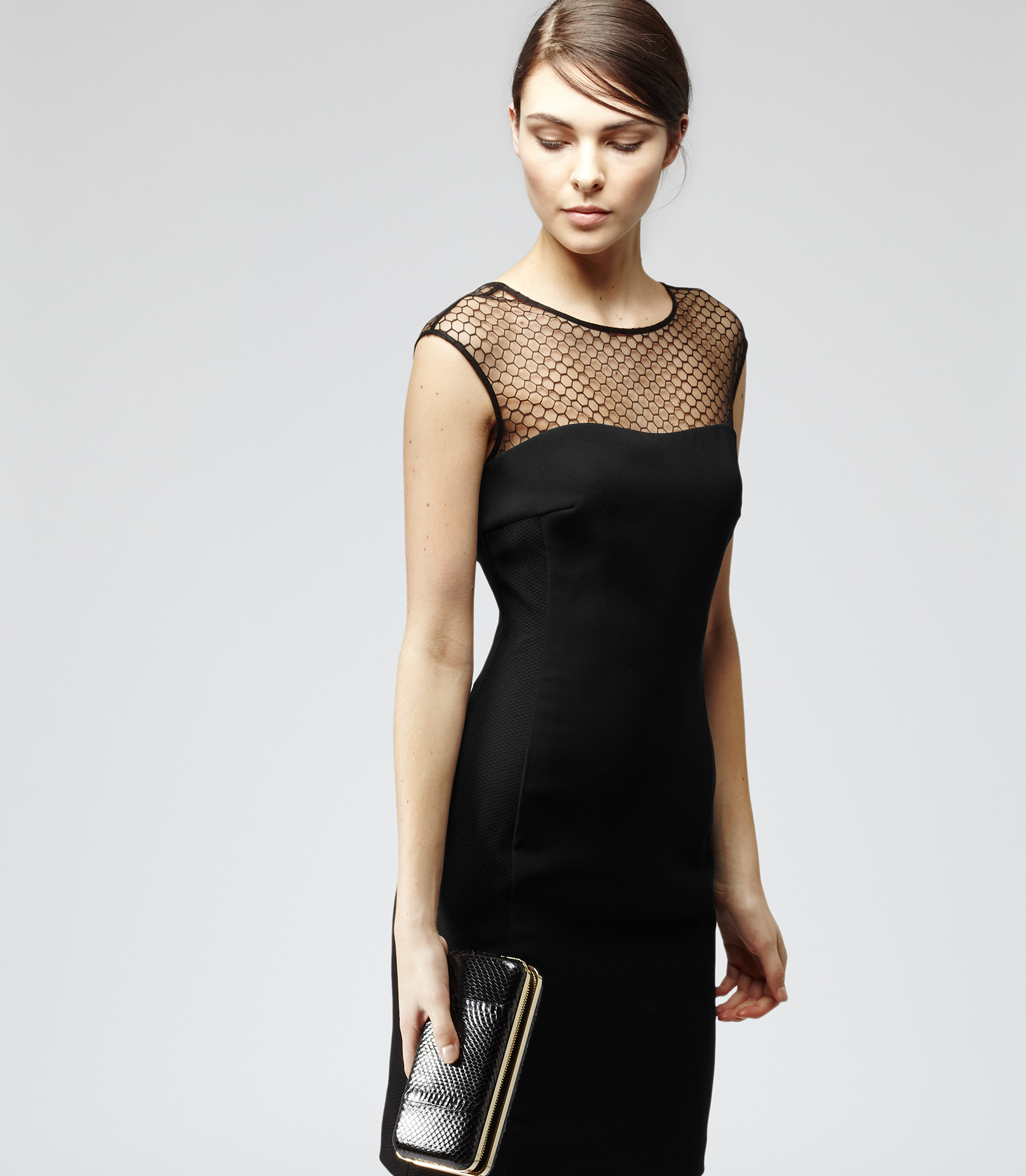 Reiss Mesh Detail Fitted Dress in Black Lyst