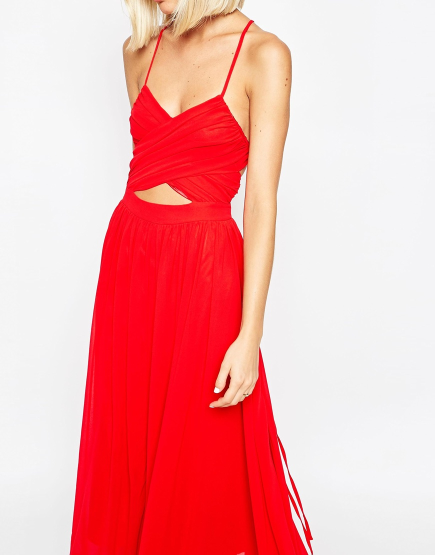 red floaty midi dress