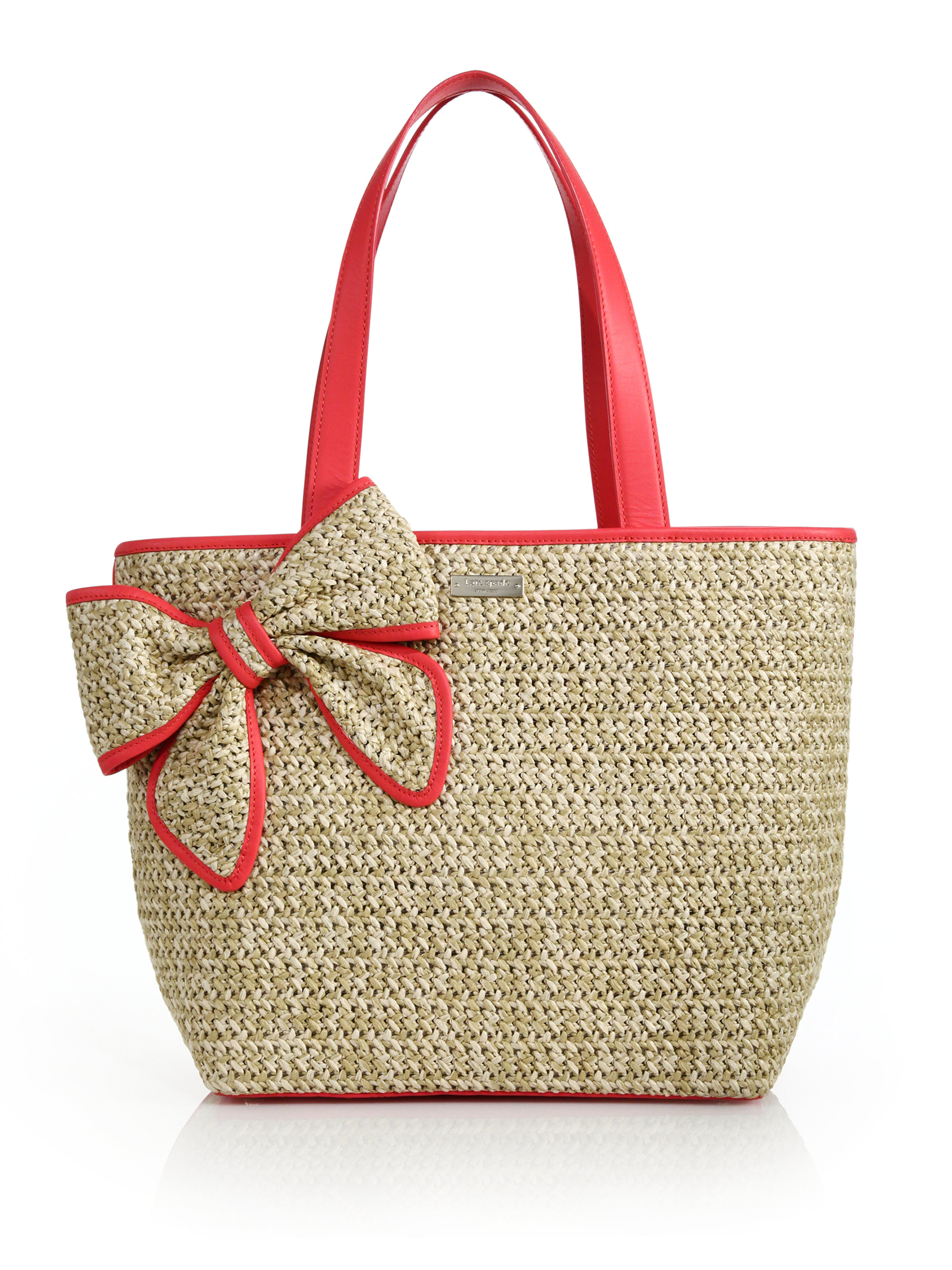 Kate Spade Belle Place Straw & Leather Bow Tote in Red | Lyst