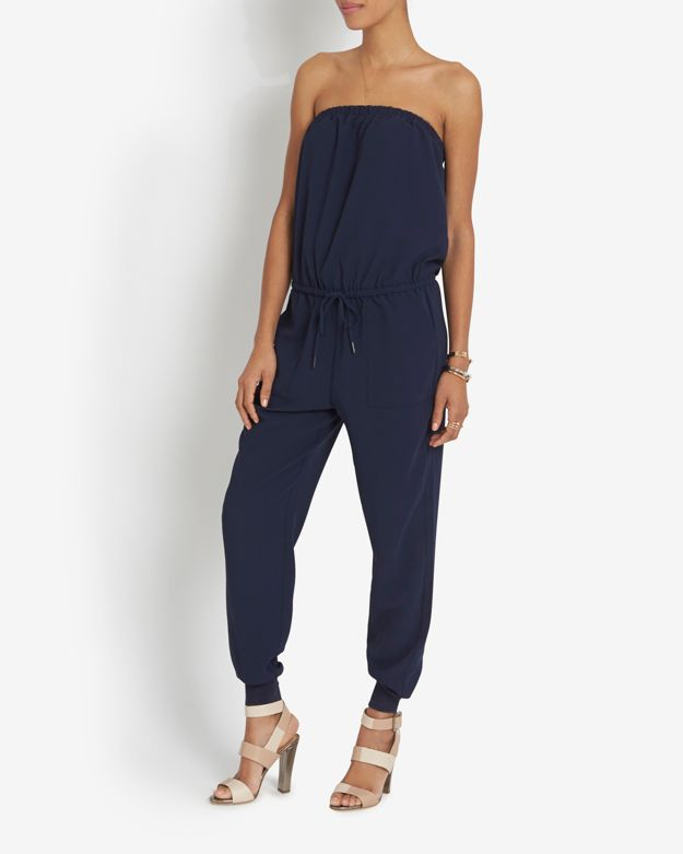 navy strapless jumpsuit