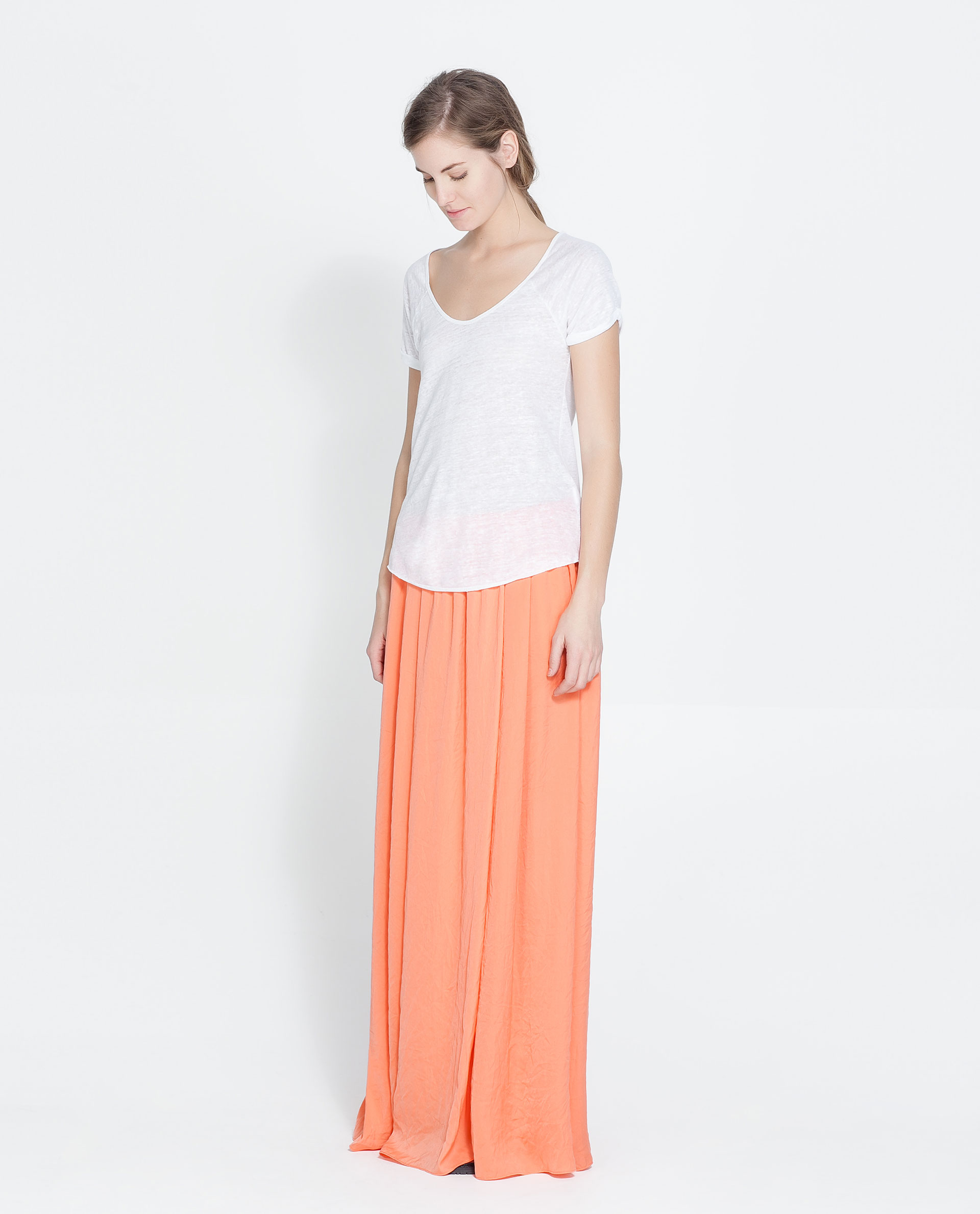 Zara Long Silk Satin Skirt in Orange | Lyst